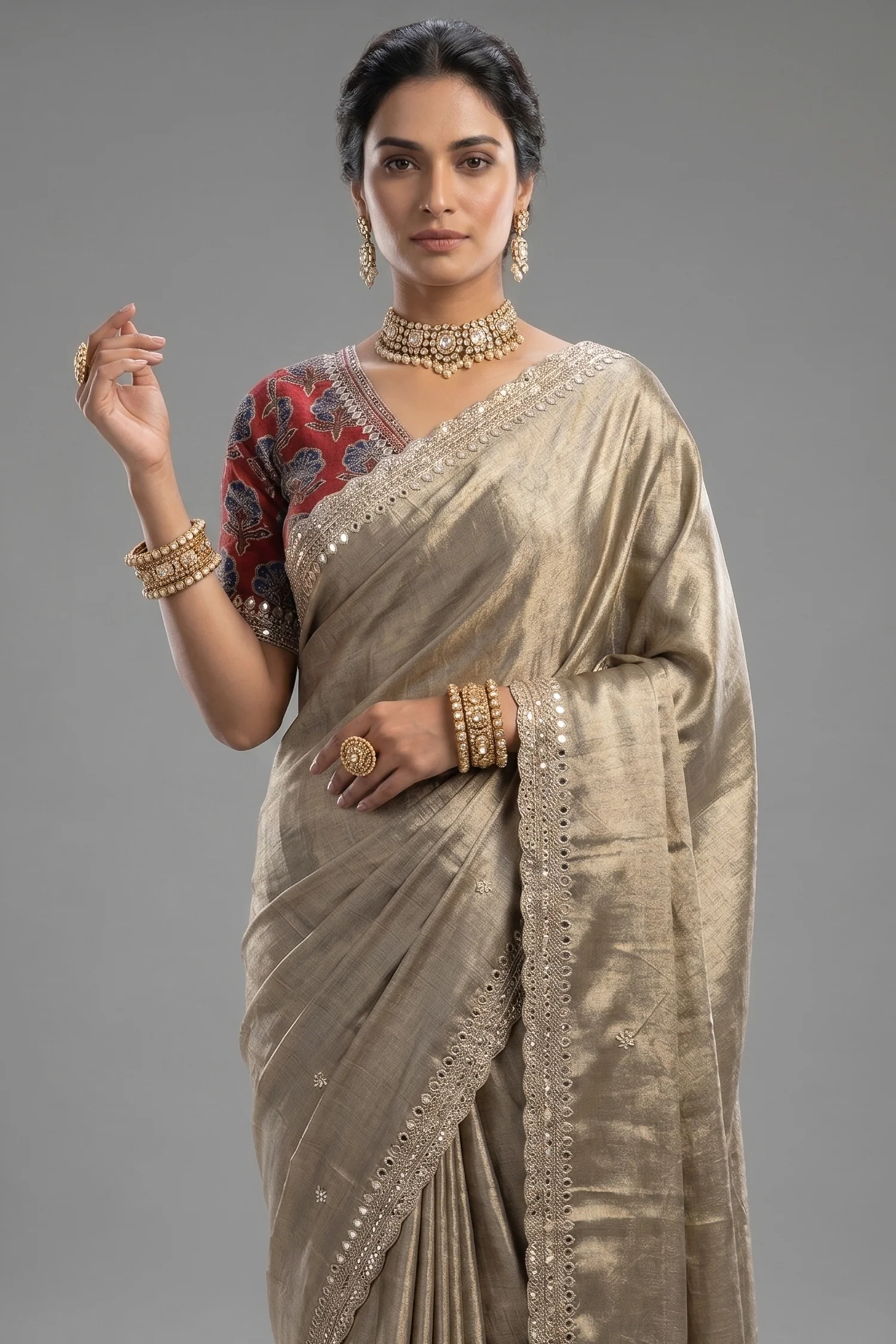 Grey Tissue Silk Mirror Applique and Cutdana Worked Saree with Ajrakh Printed Readymade Blouse - Image 2