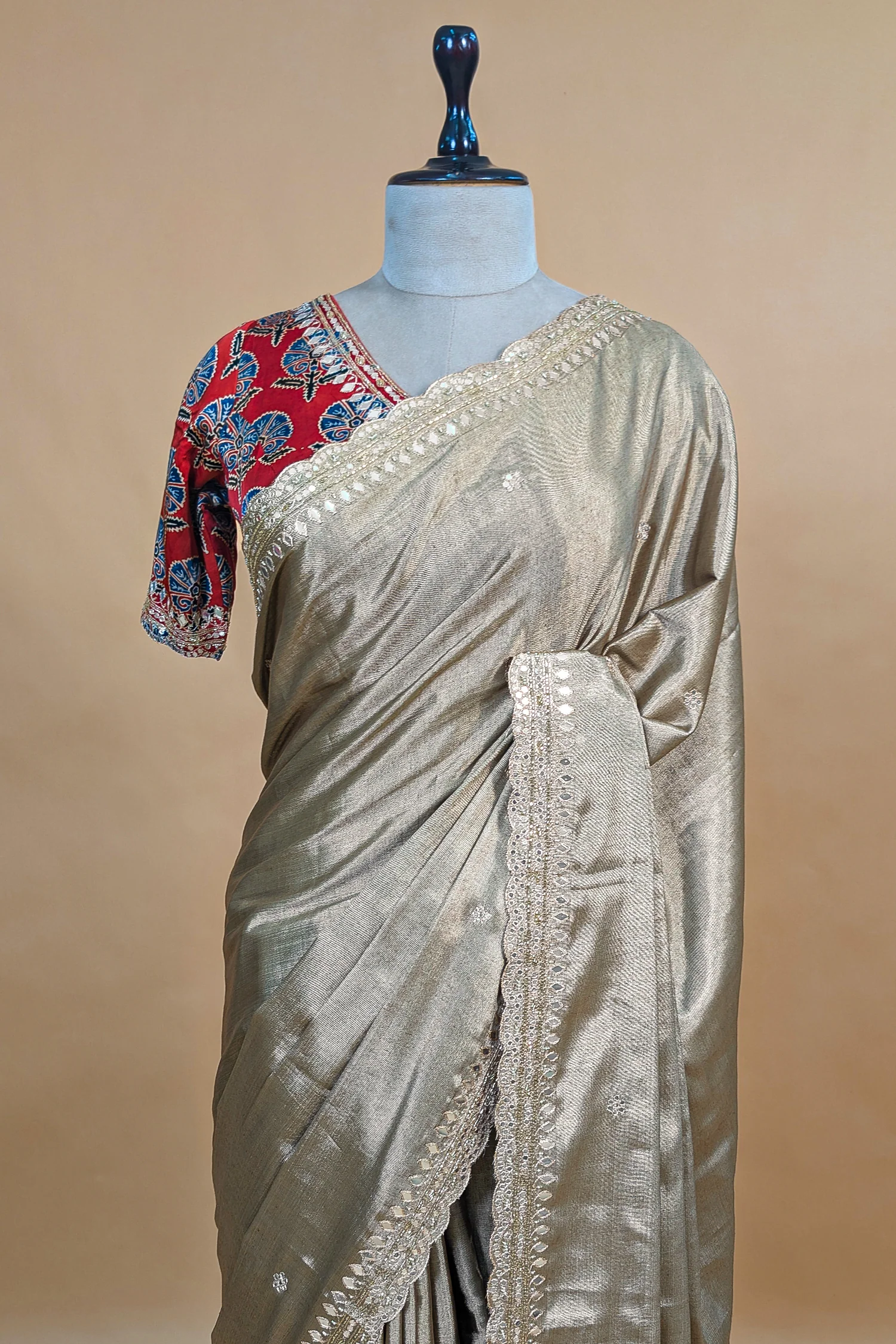 Grey Tissue Silk Mirror Applique and Cutdana Worked Saree with Ajrakh Printed Readymade Blouse - Image 4