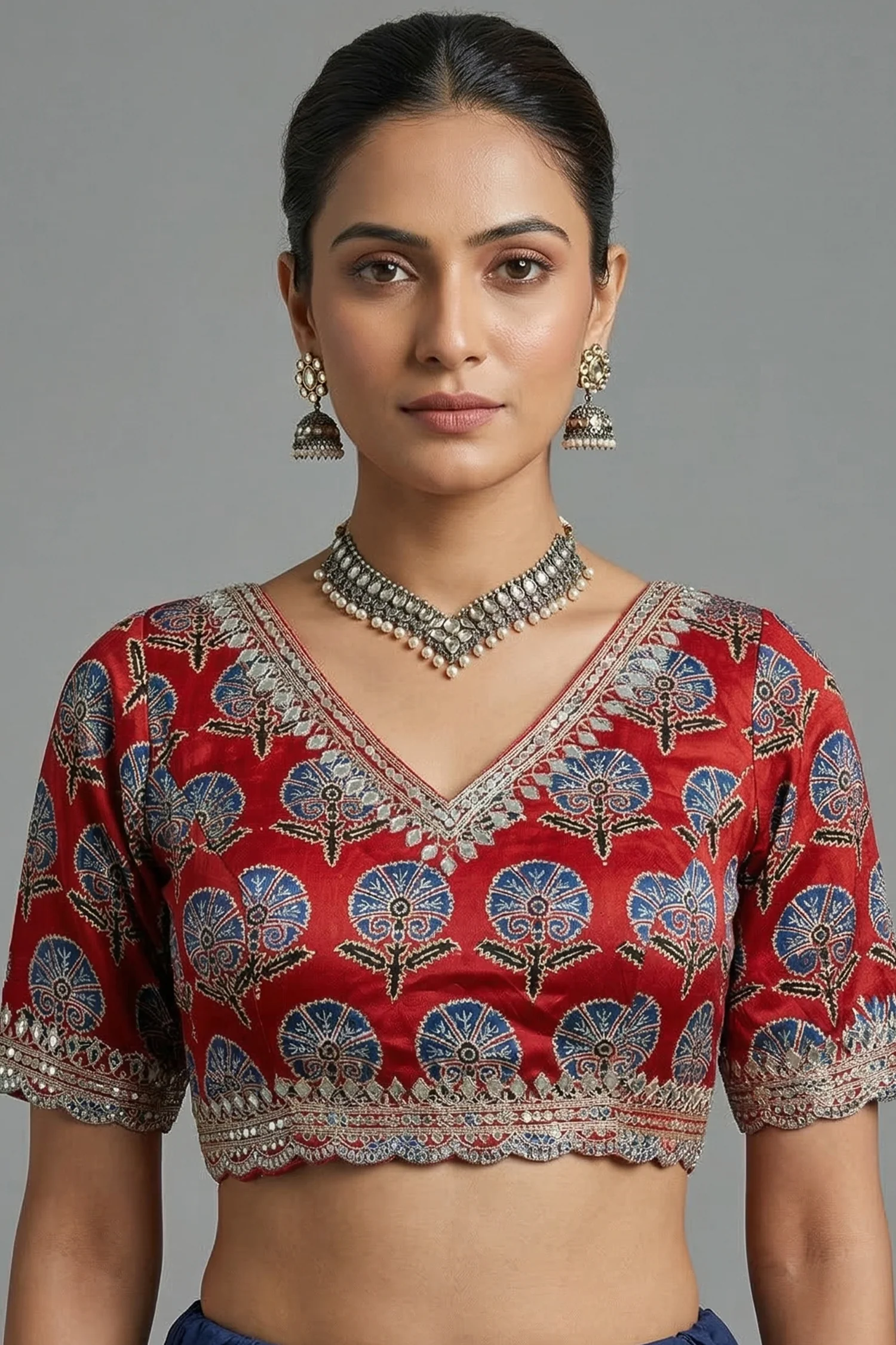 Grey Tissue Silk Mirror Applique and Cutdana Worked Saree with Ajrakh Printed Readymade Blouse - Image 5