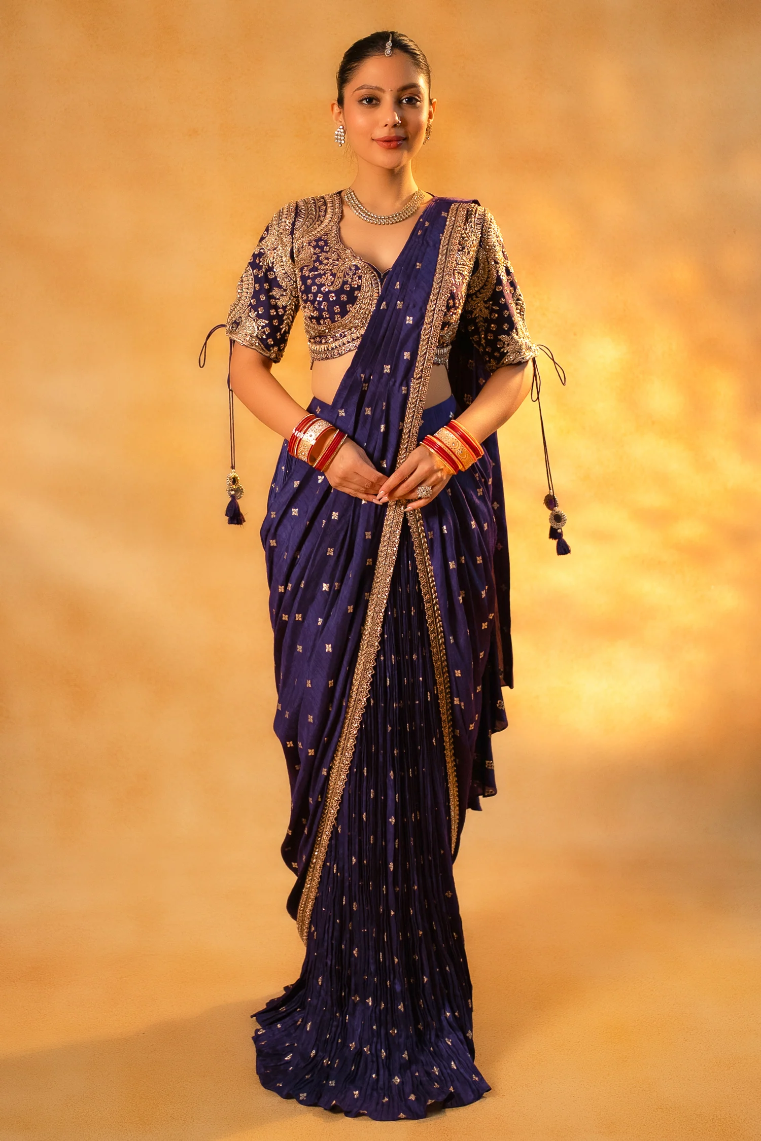 Imperial Plum Purple Raw Silk Pleated Ready to Wear Woven Saree with Designer Readymade Blouse - Image 3