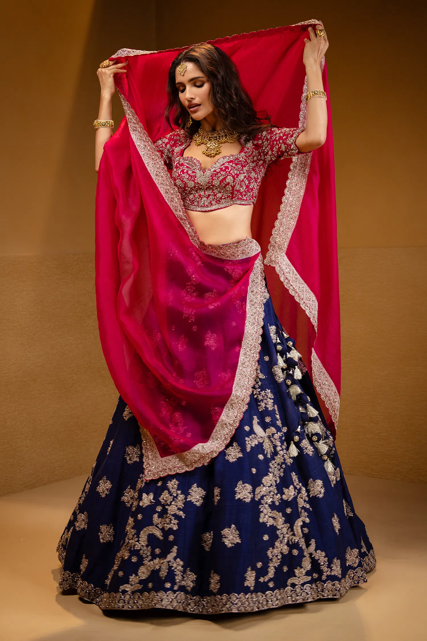 Indigo Blue Raw Silk Heavy Designer Handworked Lehenga with Curved Sweet-Heart Neck Blouse - Image 2