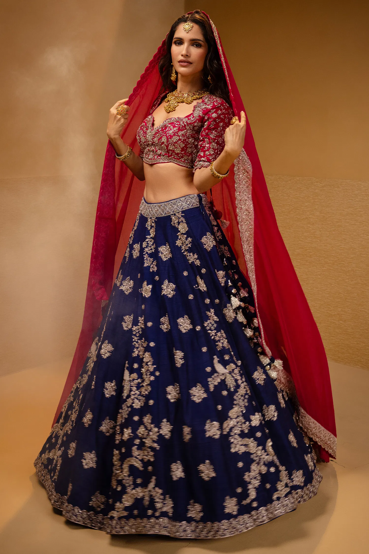 Indigo Blue Raw Silk Heavy Designer Handworked Lehenga with Curved Sweet-Heart Neck Blouse - Image 3