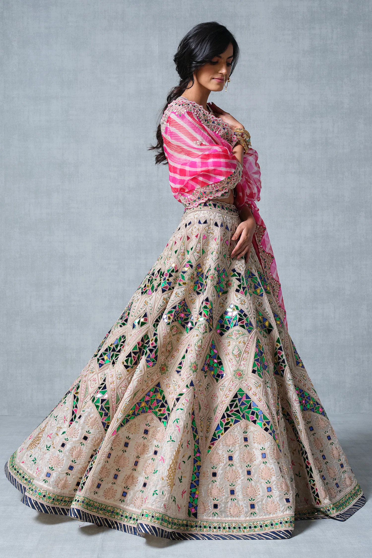 Ivory Beige Tissue Sheesh Mahal Inspired Lehenga with Leheriya Dupatta - Image 2