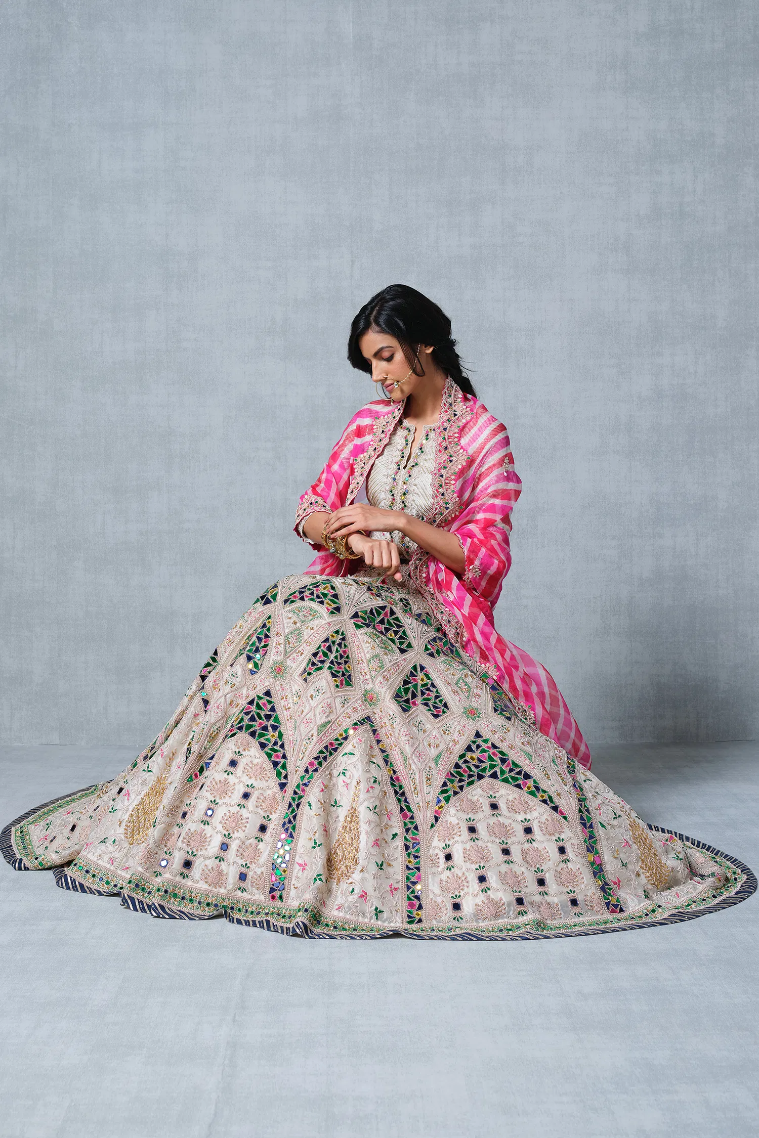 Ivory Beige Tissue Sheesh Mahal Inspired Lehenga with Leheriya Dupatta - Image 3