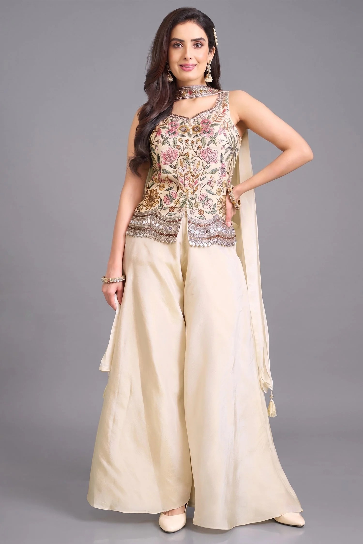 Ivory Cream Chinon Silk Floral Embroidered Palazzo Suit