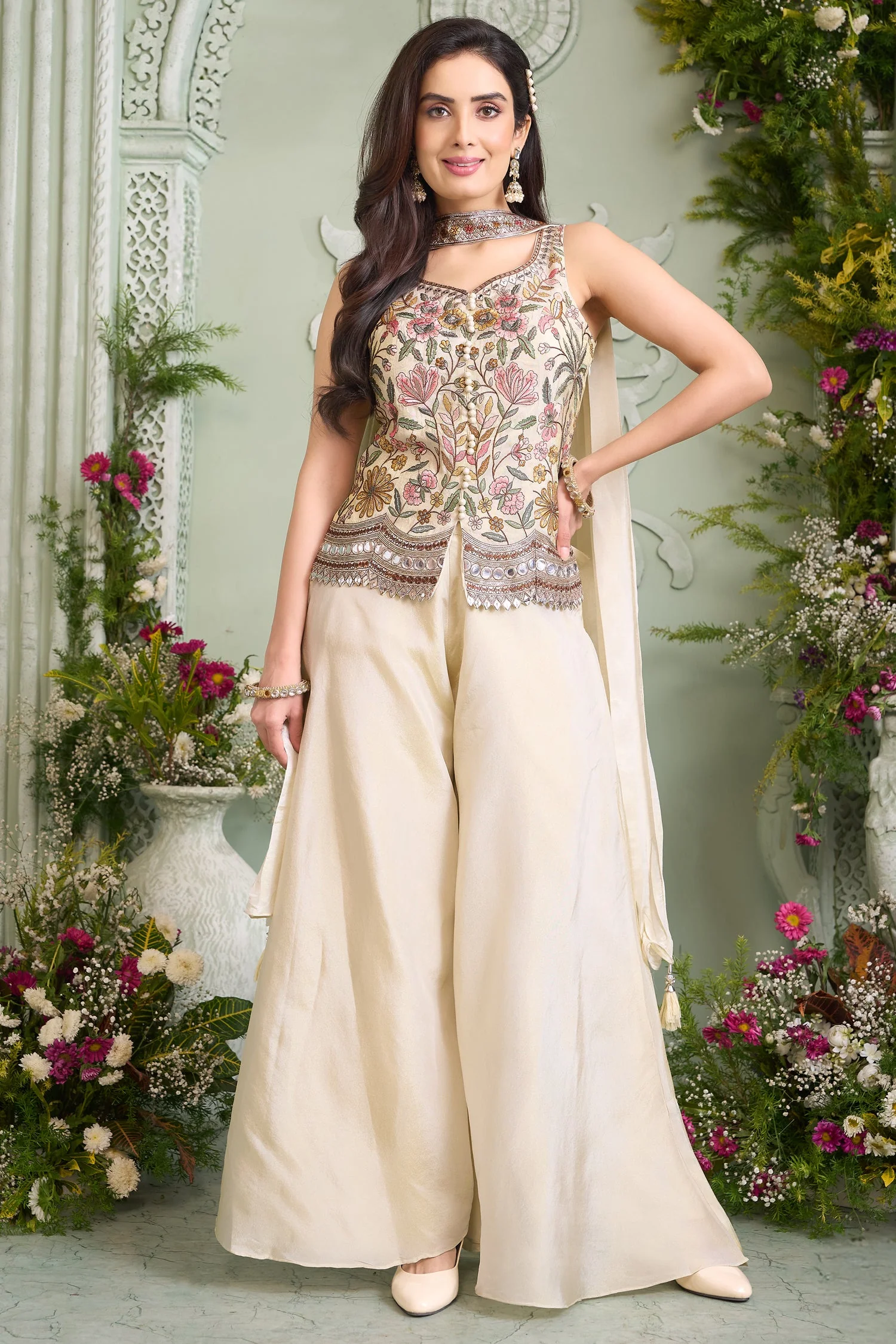 Ivory Cream Chinon Silk Floral Embroidered Palazzo Suit - Image 3