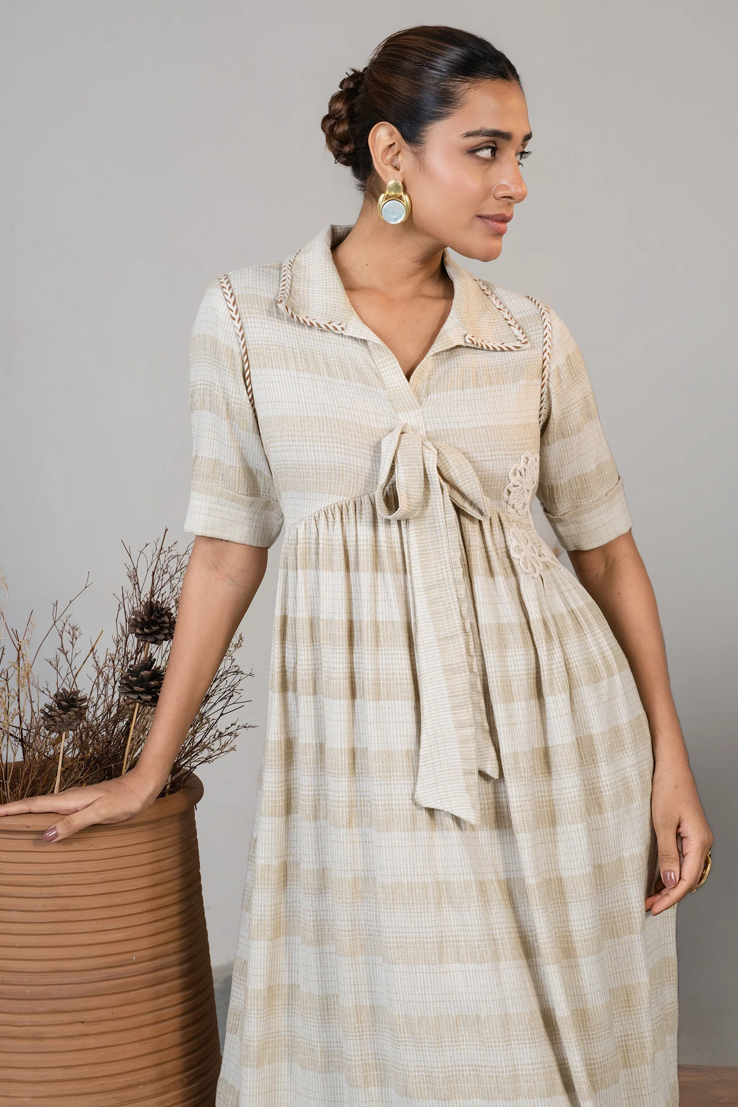 Ivory Jute Embroidered Tie Up Dress - Image 3