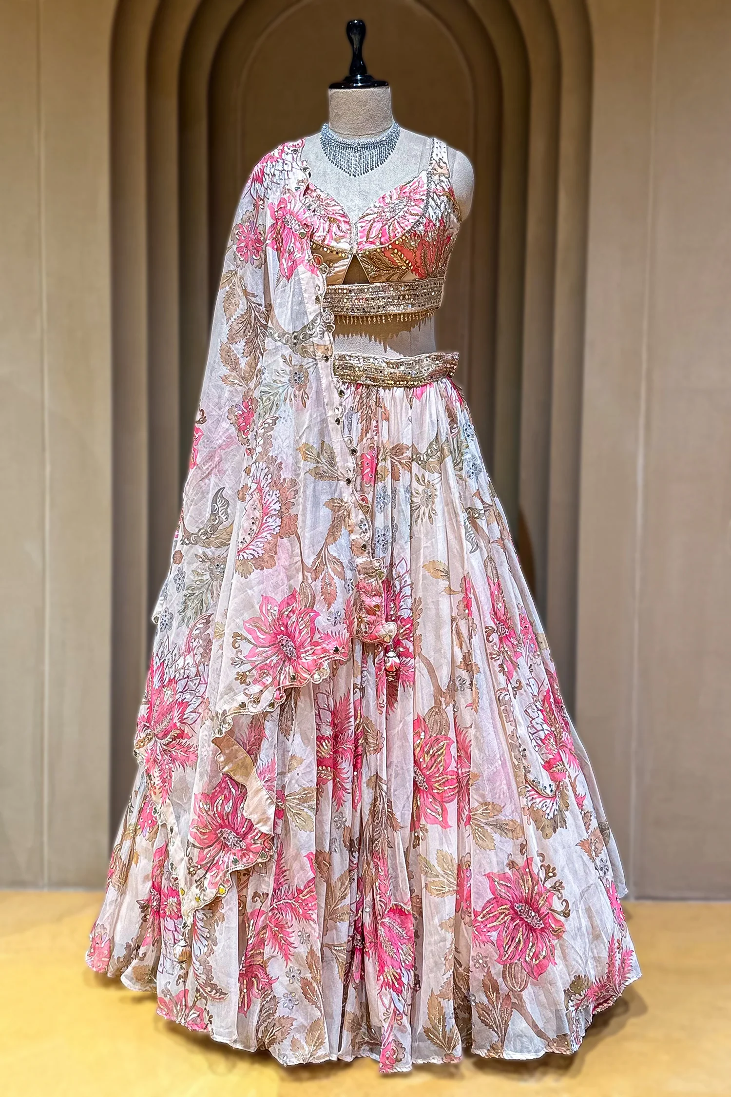Ivory Organza Floral Printed Sequin and Cutdana Worked Lehenga - Image 2