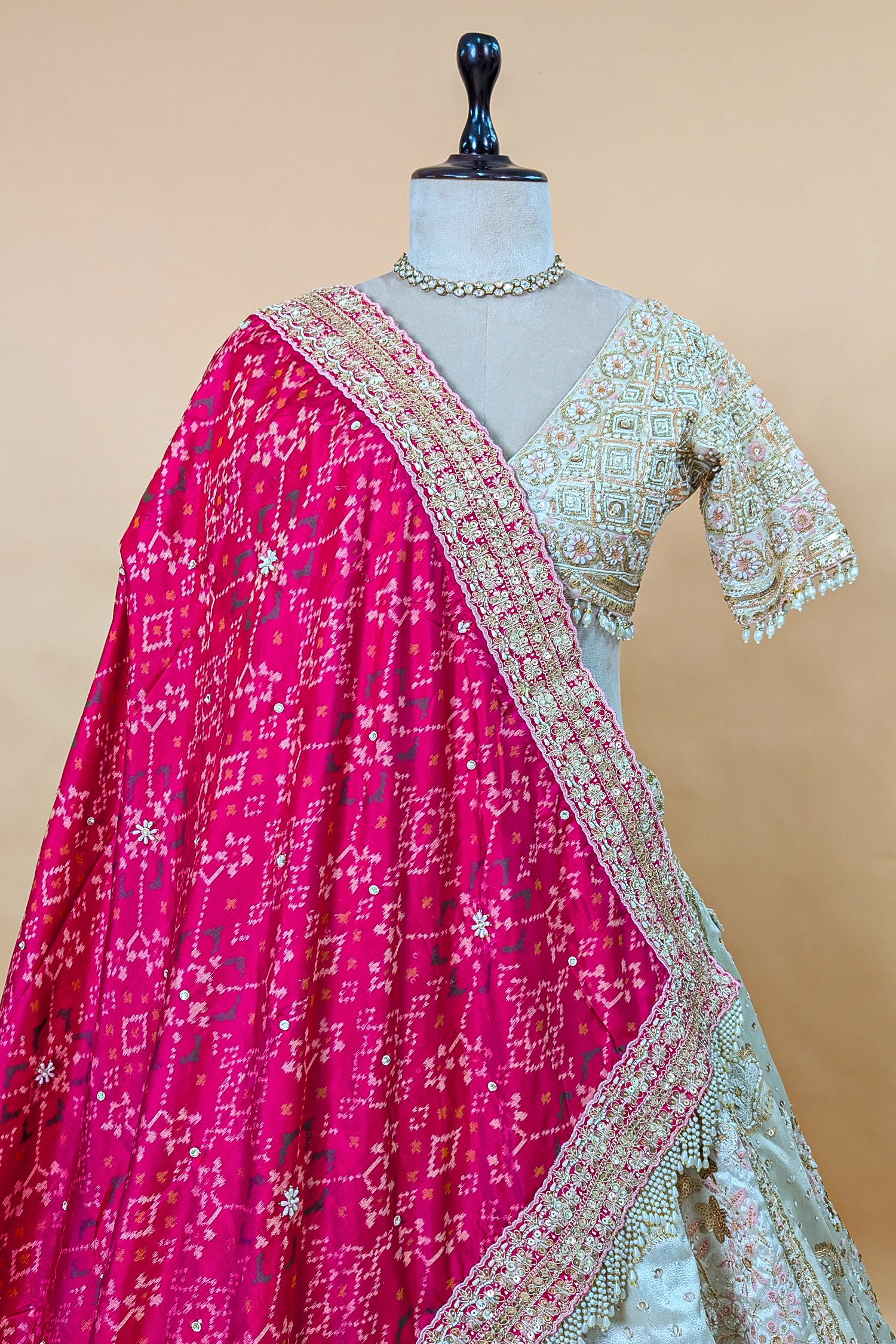 Ivory White Tissue Silk Handworked Bridal Lehenga with Double Dupatta - Image 4