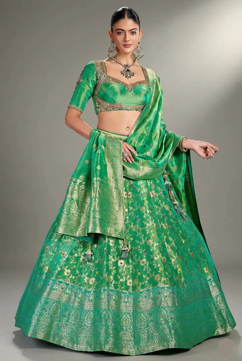 Jade Green Tissue Silk Floral Woven Lehenga