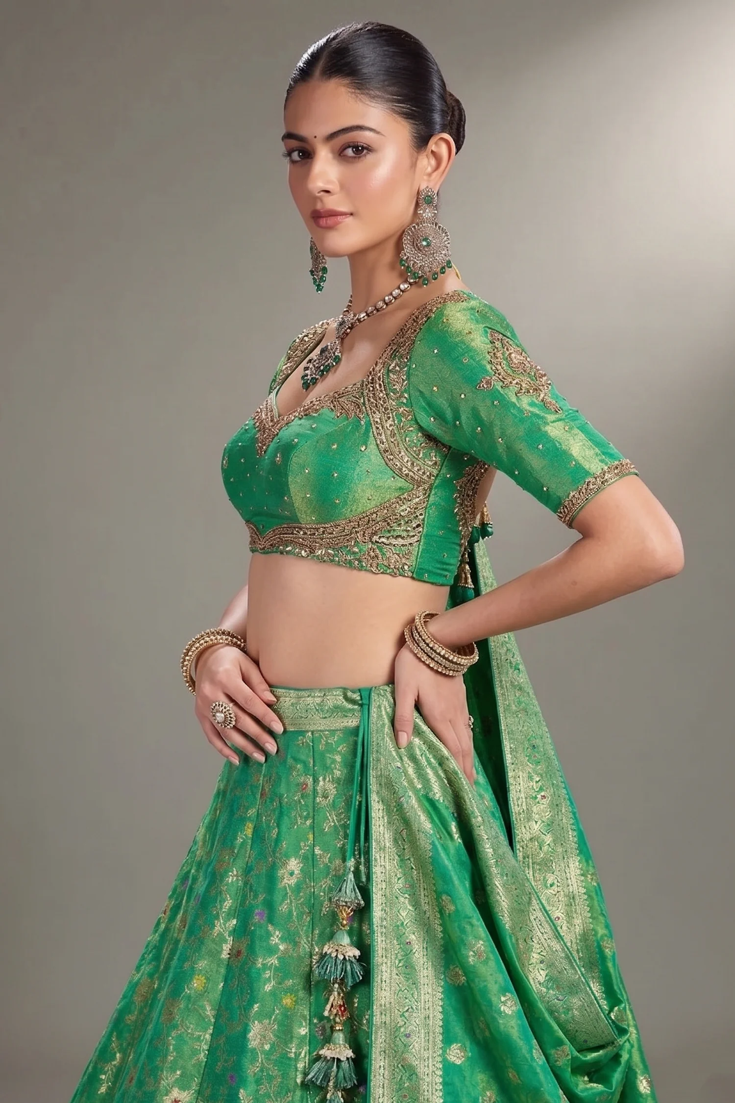 Jade Green Tissue Silk Floral Woven Lehenga - Image 2