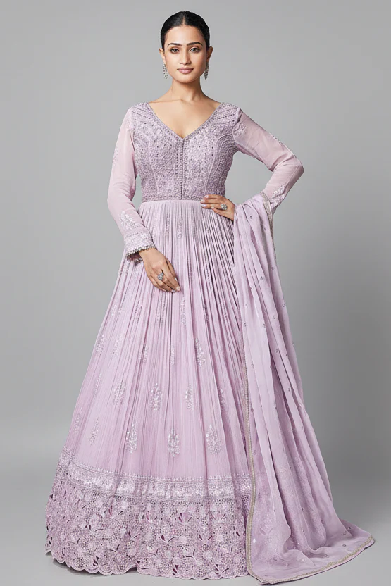 Lavender Purple Georgette Mirror and Sequin Bodice Anarkali Suit with Cutwork Floral Border