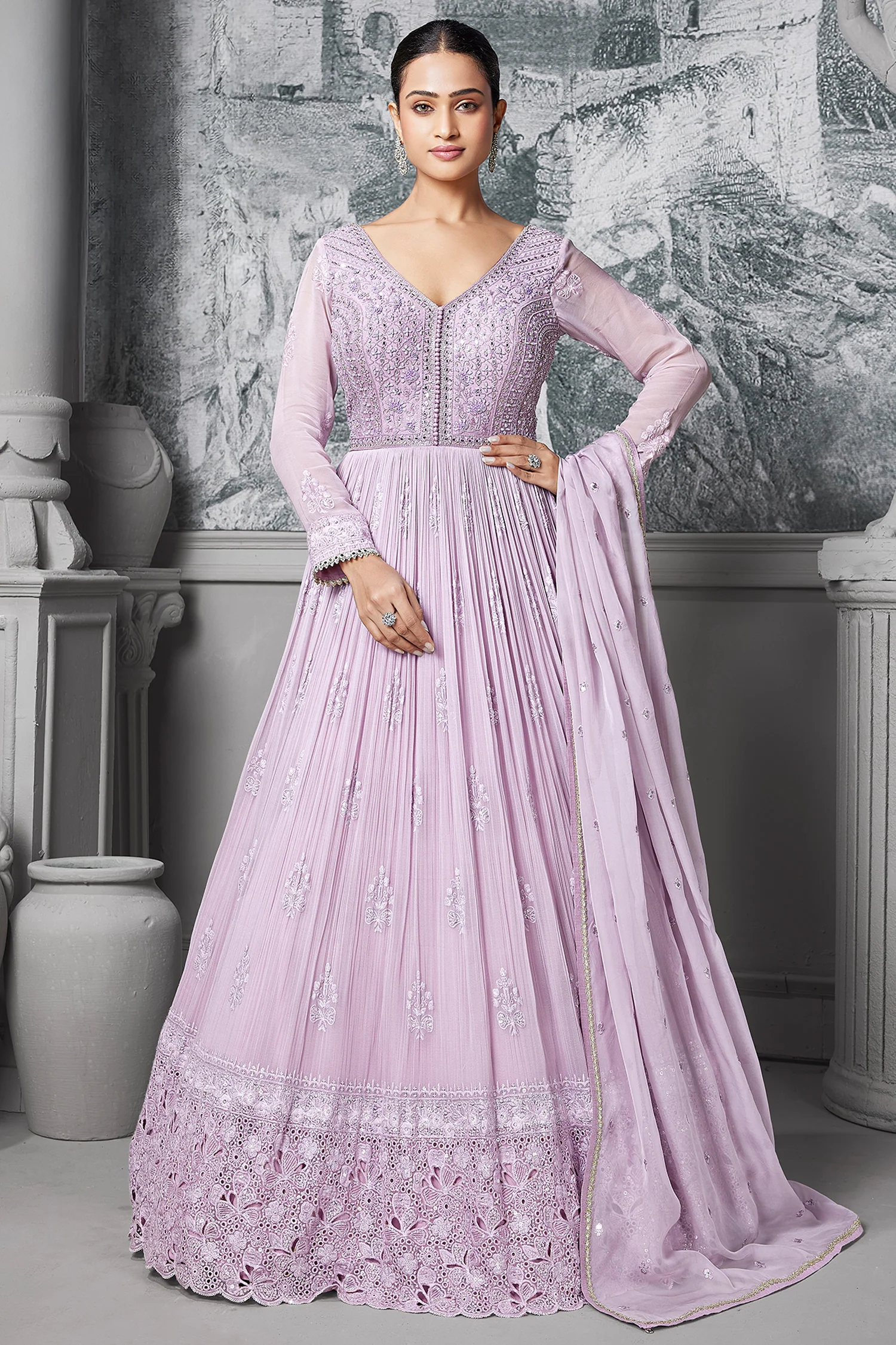 Lavender Purple Georgette Mirror and Sequin Bodice Anarkali Suit with Cutwork Floral Border - Image 2