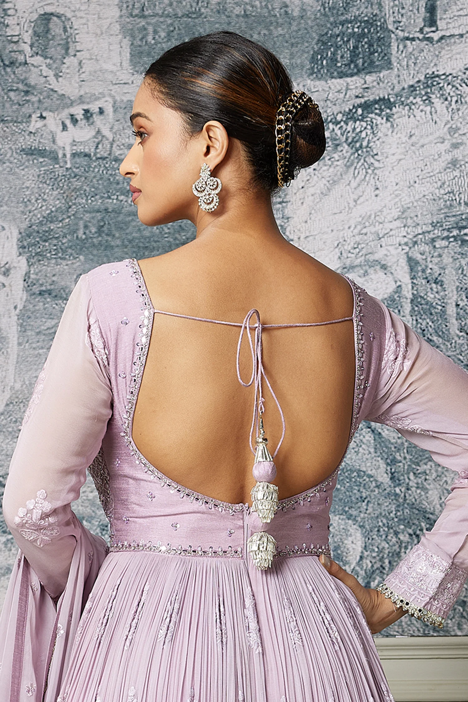 Lavender Purple Georgette Mirror and Sequin Bodice Anarkali Suit with Cutwork Floral Border - Image 3