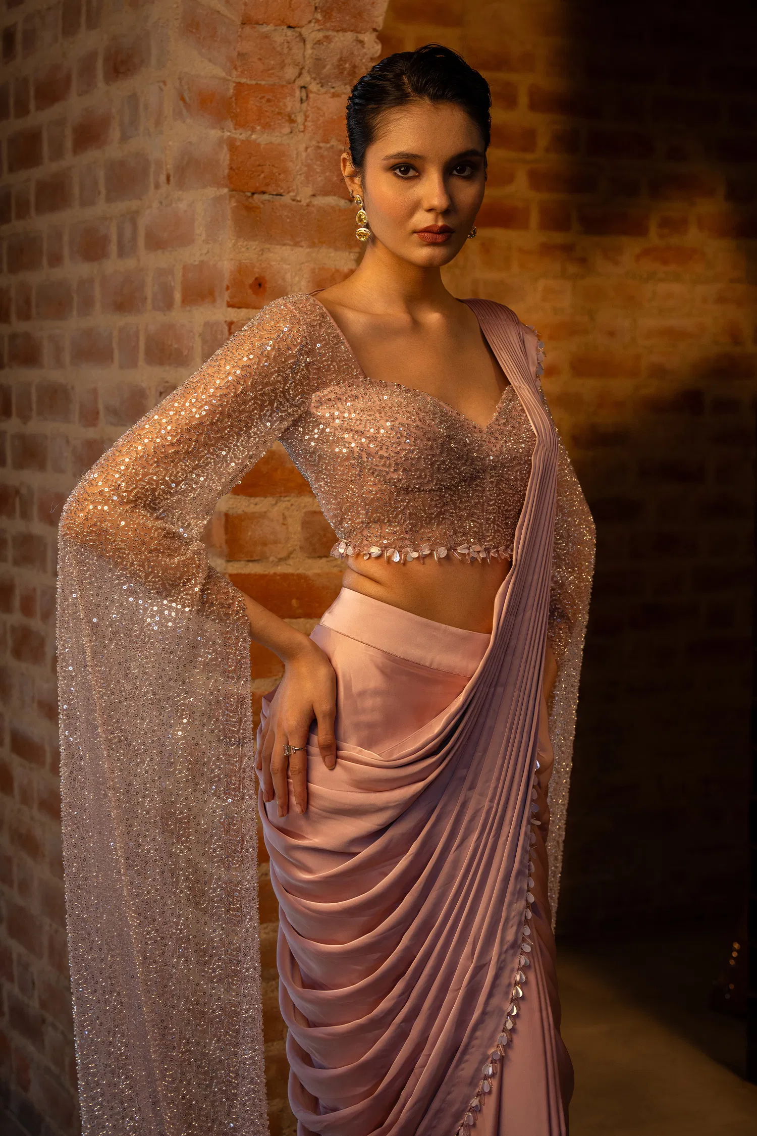 Lavender Satin Silk Ready to Wear Saree with Sequin Cutdana Work Cape Sleeved Blouse - Image 5