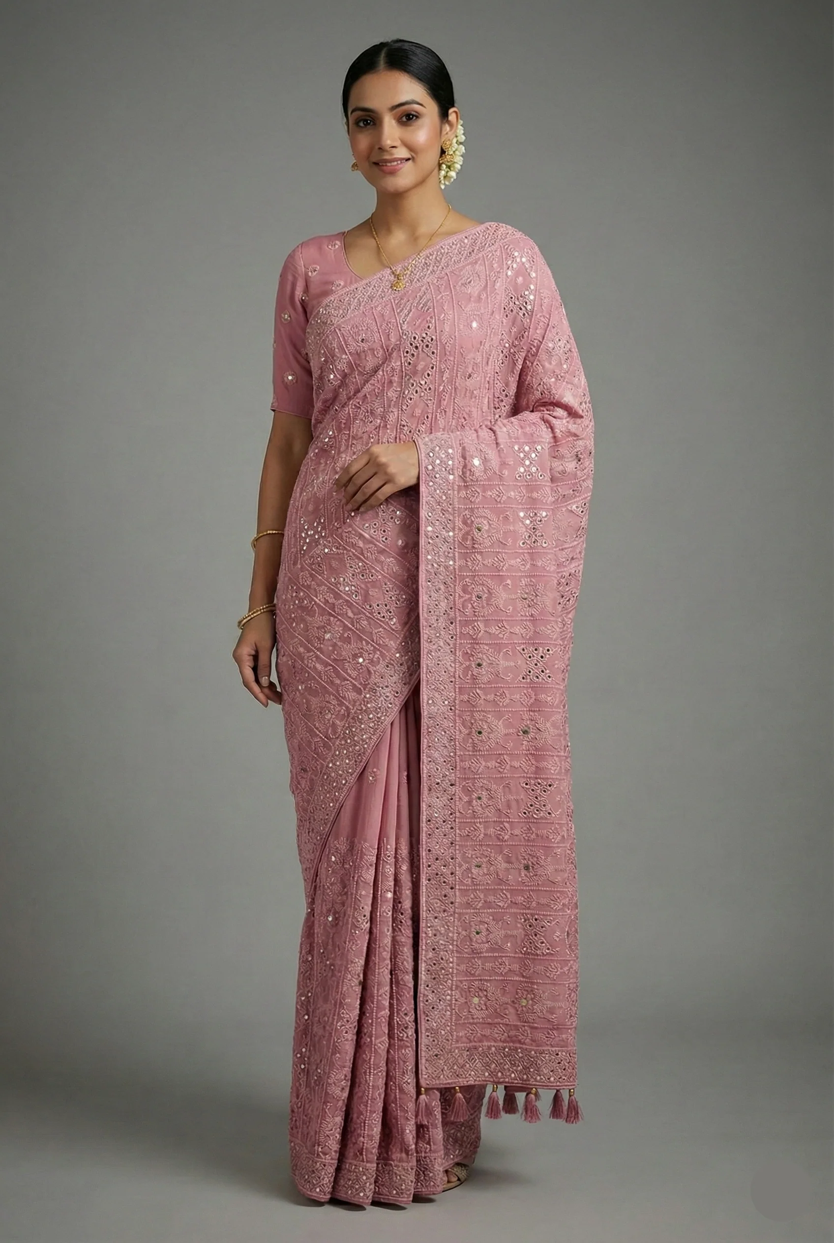 Light Baby Pink Georgette Lucknowi Worked Saree with Mukaish Work