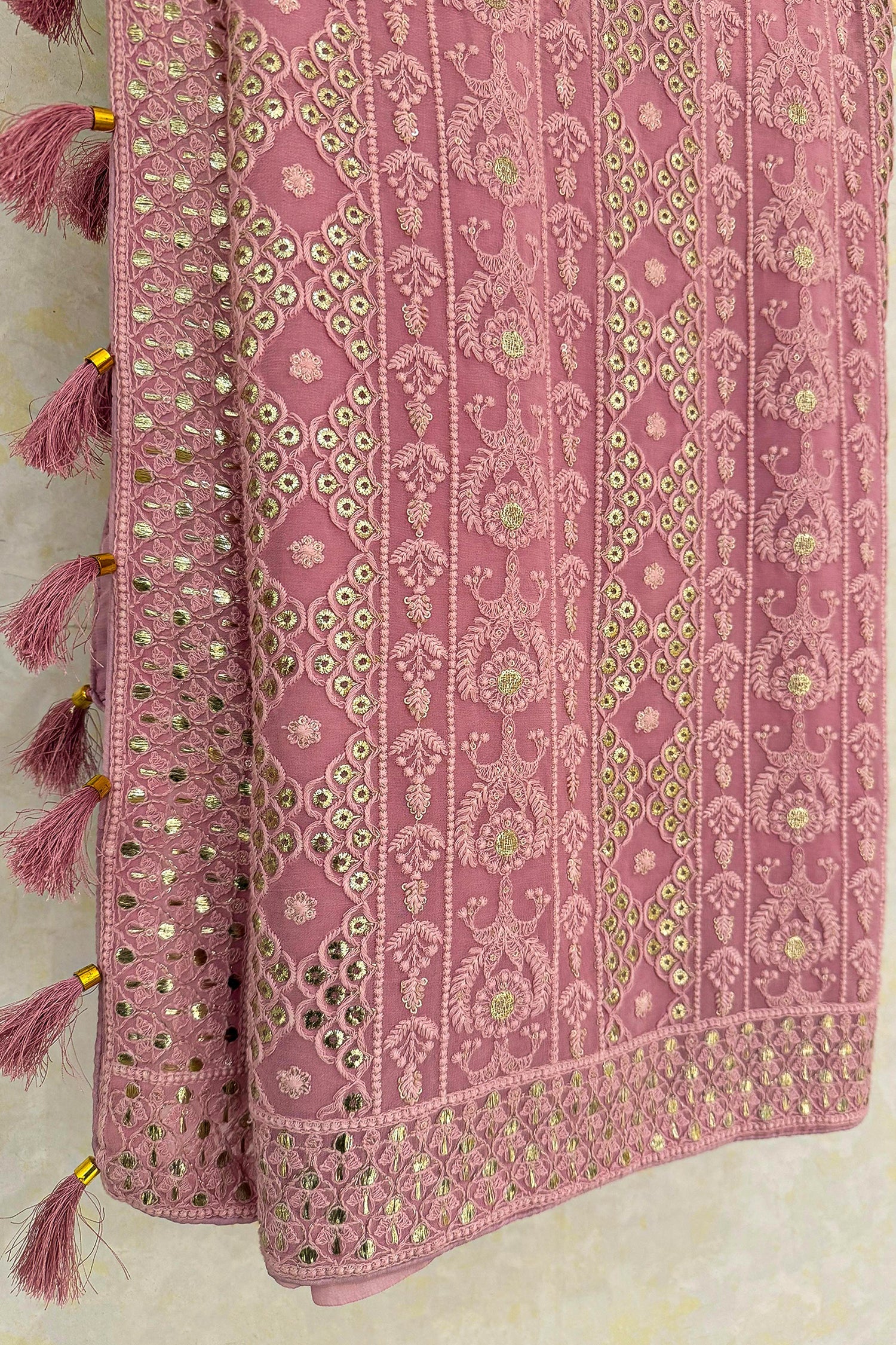 Light Baby Pink Georgette Lucknowi Worked Saree with Mukaish Work - Image 3