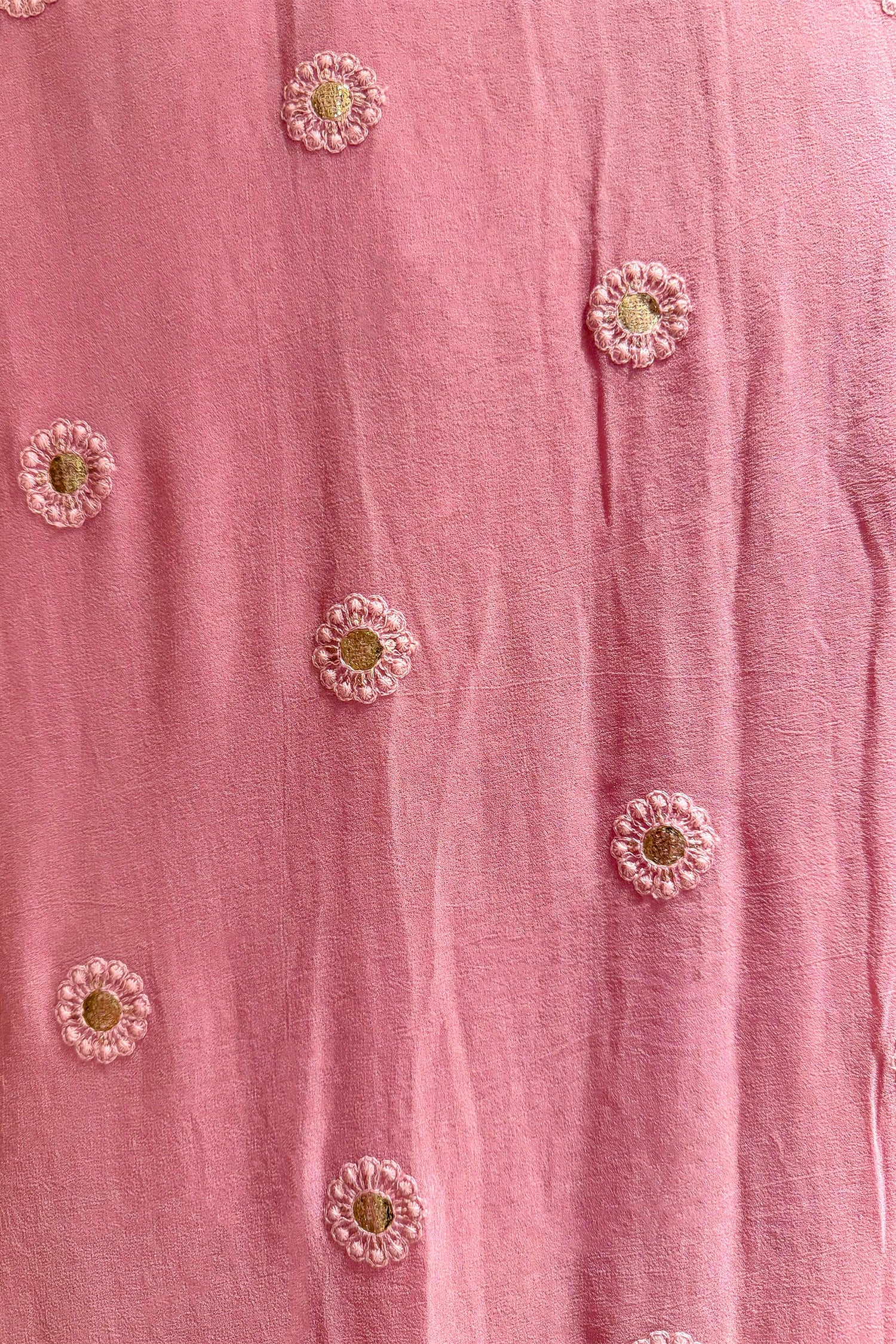 Light Baby Pink Georgette Lucknowi Worked Saree with Mukaish Work - Image 4