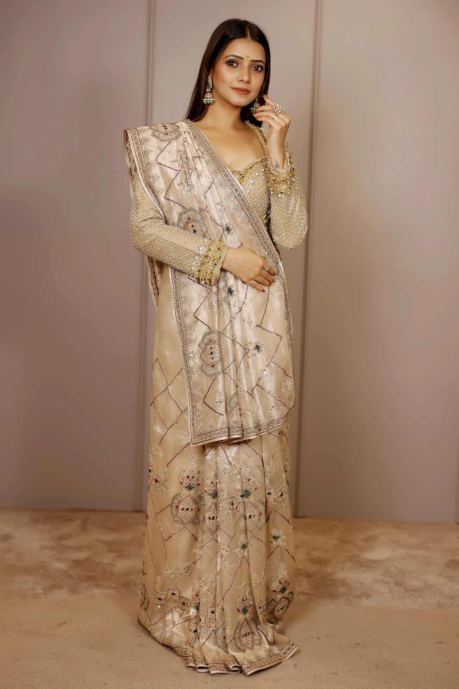 Light Beige Tissue Designer Handworked Saree - Image 3