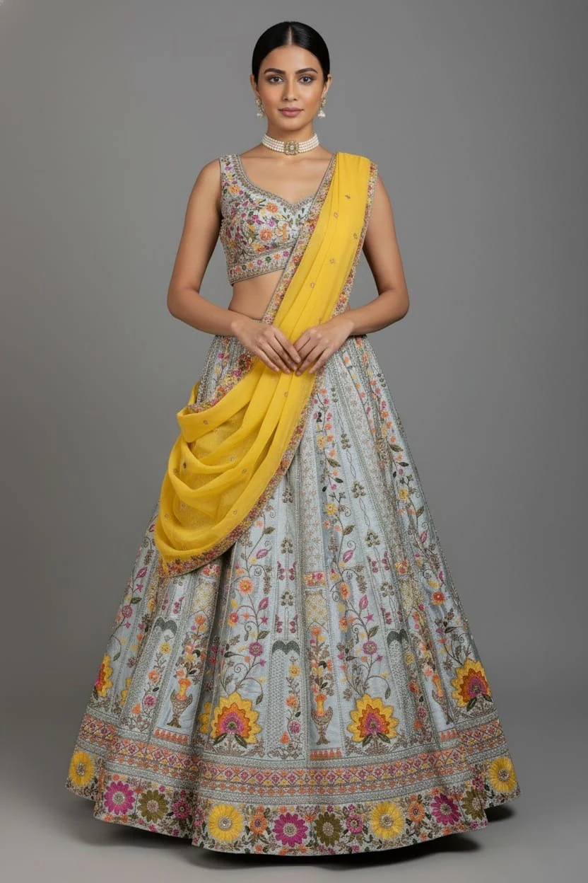 Light Blue Raw Silk Embroidered Lehenga