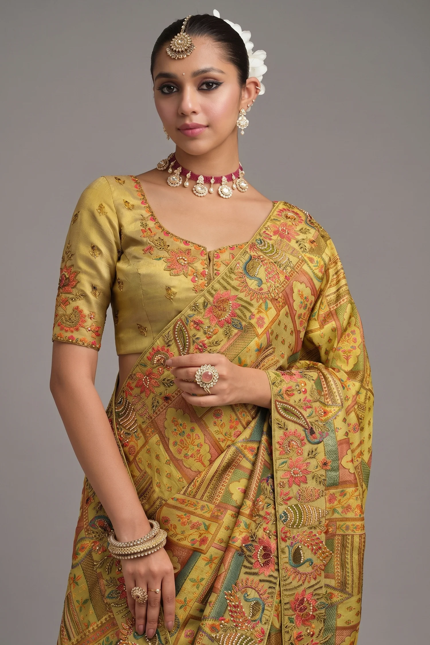 Light Green Silk Woven Saree with Embroidery - Image 2