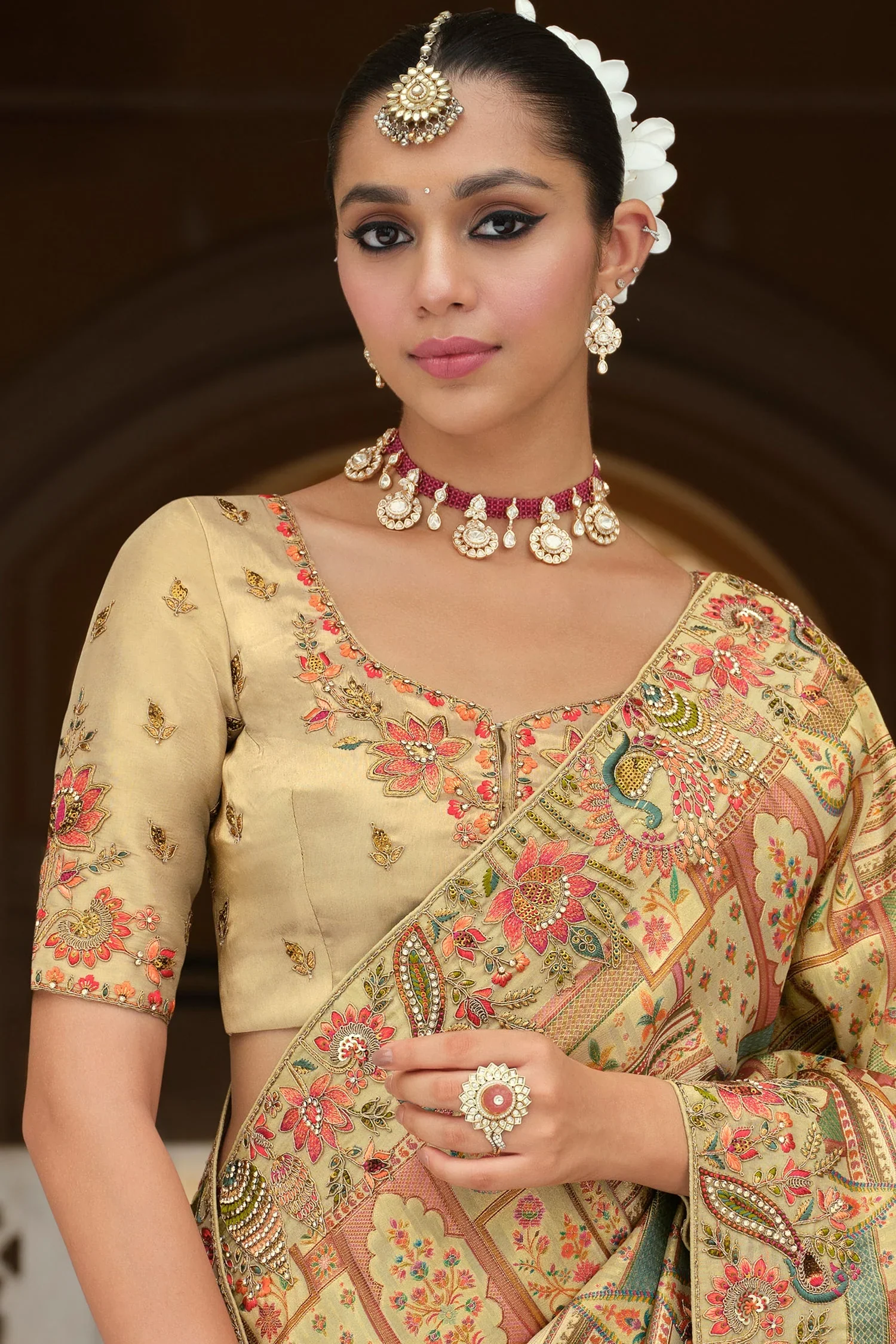 Light Green Silk Woven Saree with Embroidery - Image 4