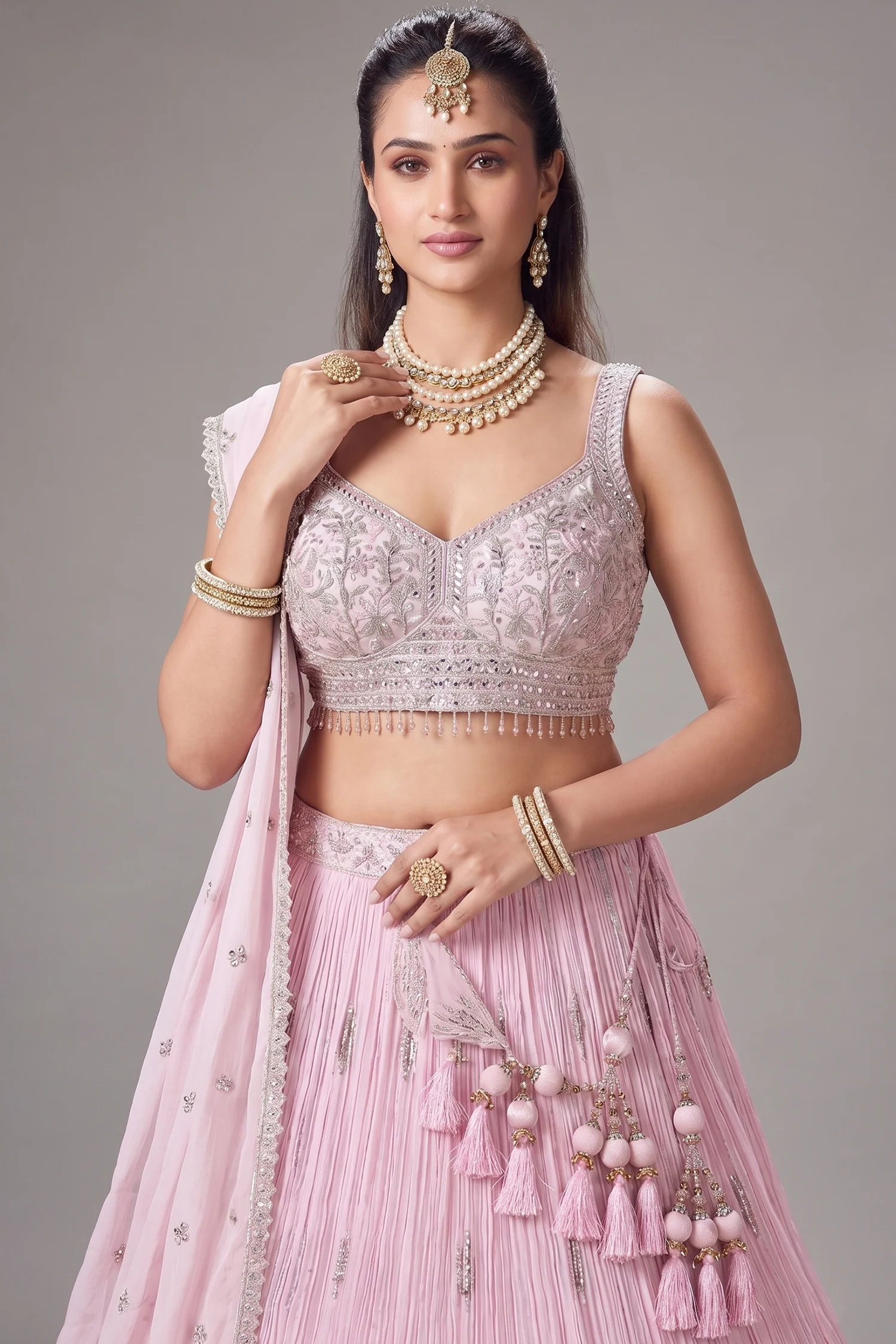 Light Pink Georgette Floral Embroidered and Sequin Worked Lehenga - Image 2