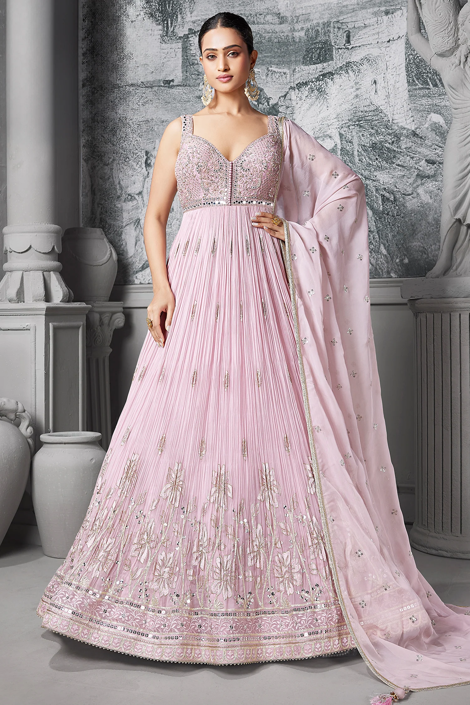 Light Pink Georgette Mirror Worked Anarkali Suit with Floral Embroidery Border - Image 2
