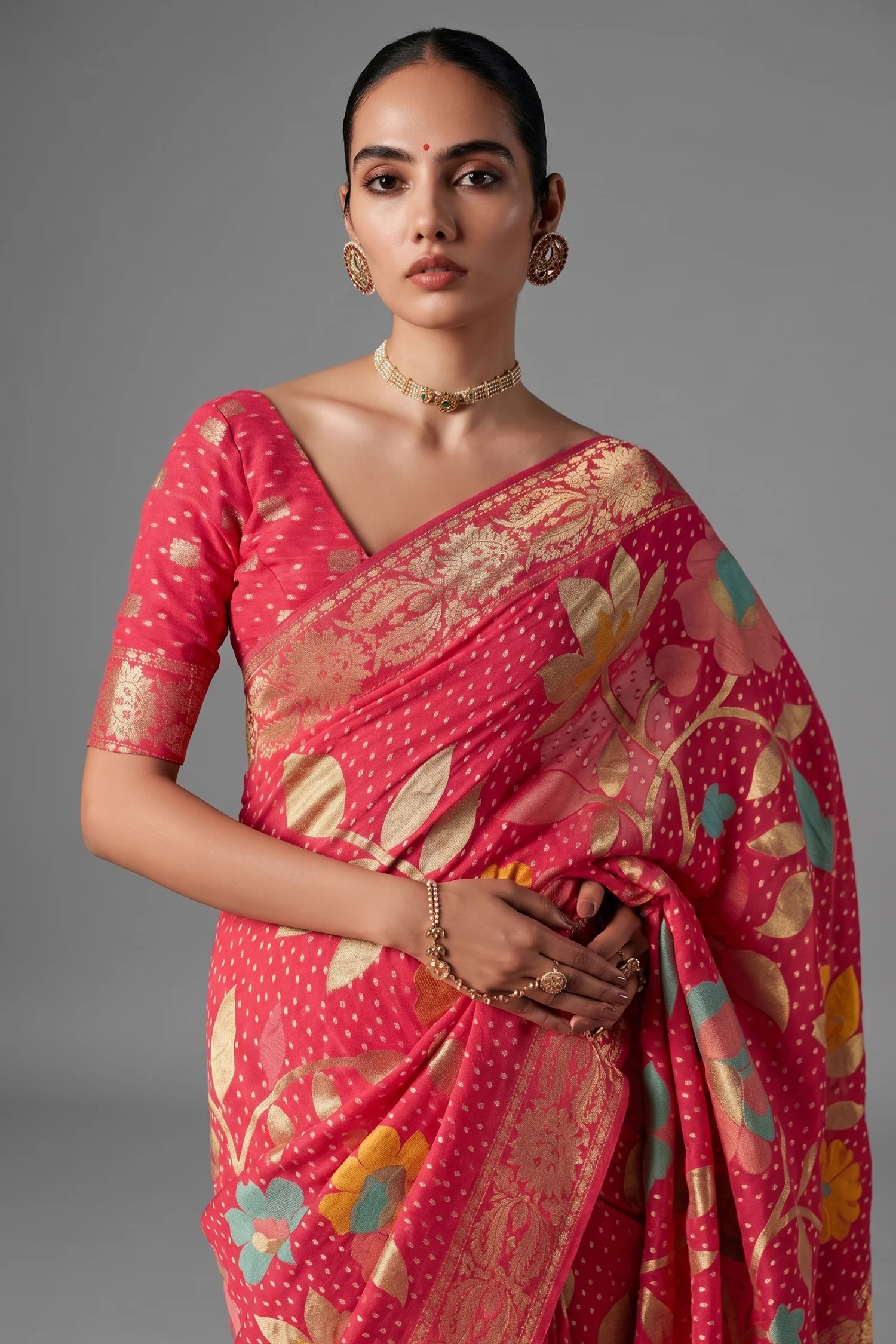Light Pink Georgette Traditional Bandhej Weaving Saree - Image 2