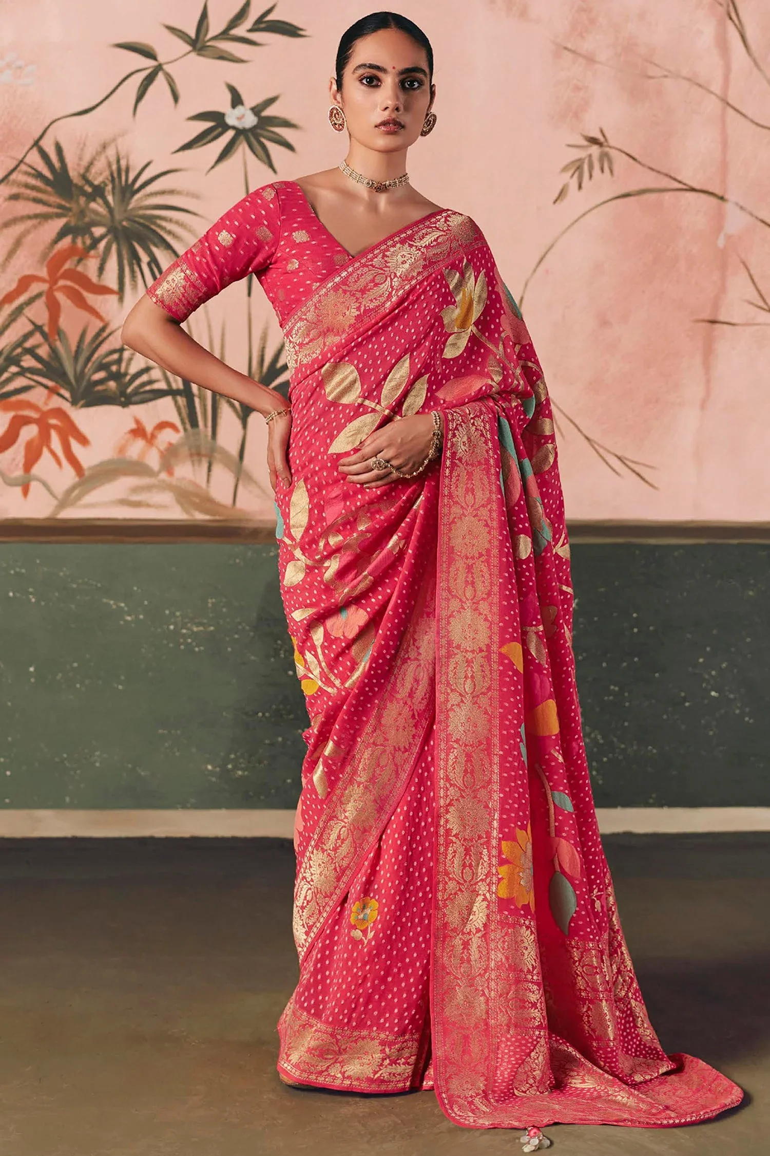 Light Pink Georgette Traditional Bandhej Weaving Saree - Image 3