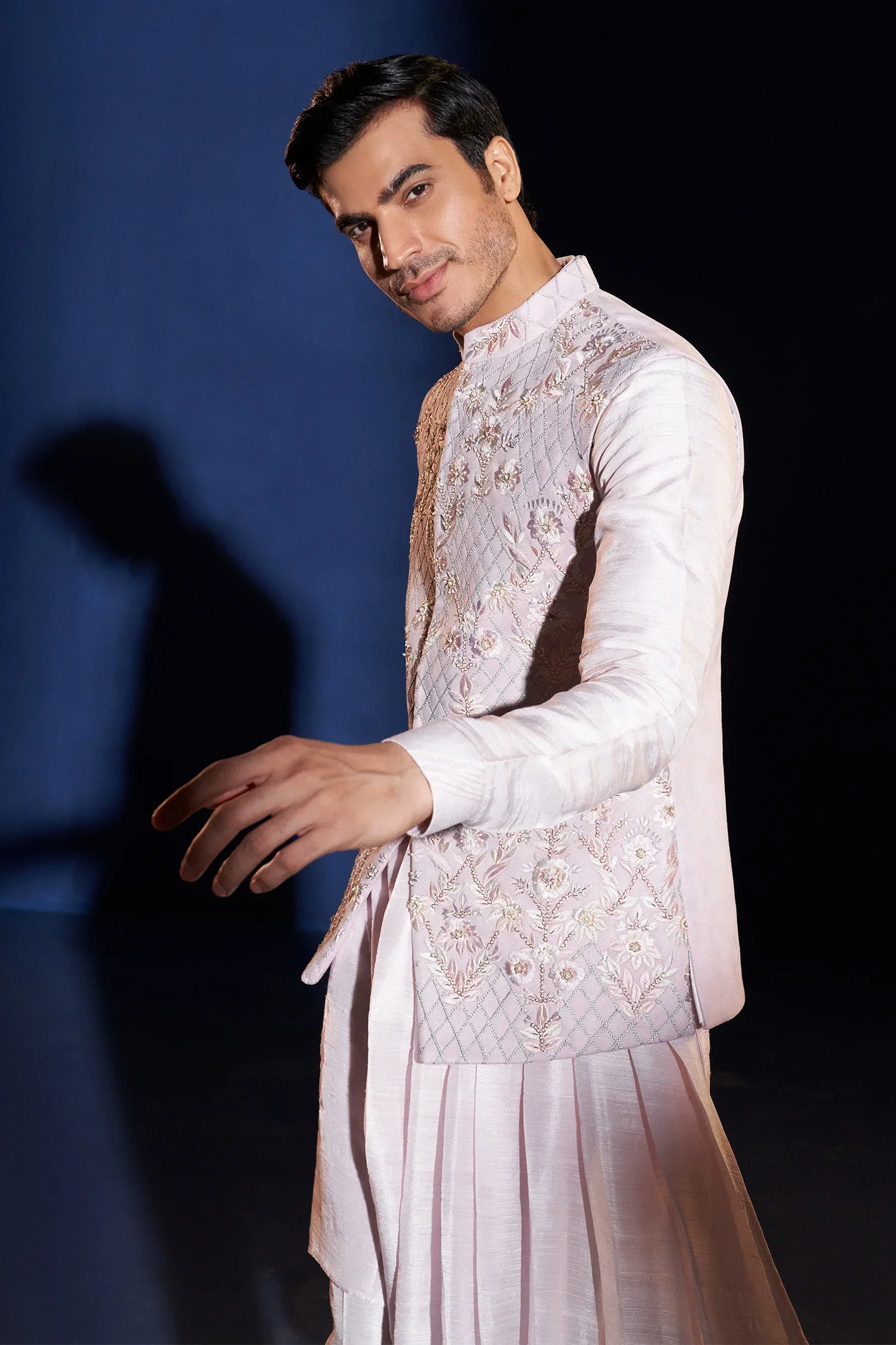 Light Pink Silk Asymmetrical Kurta Set with Floral Embroidery - Image 2