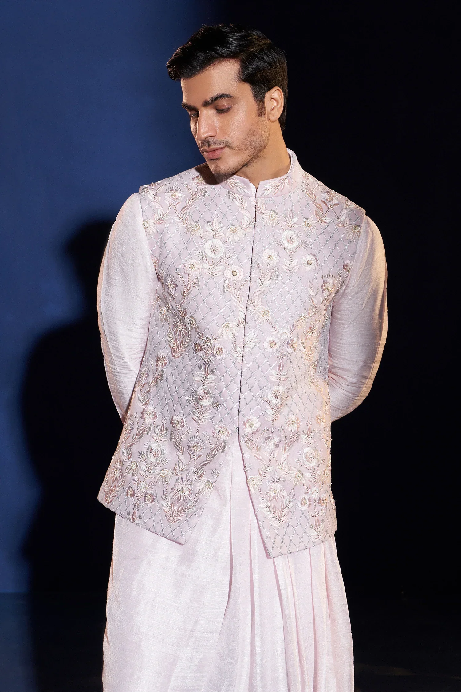 Light Pink Silk Asymmetrical Kurta Set with Floral Embroidery - Image 3