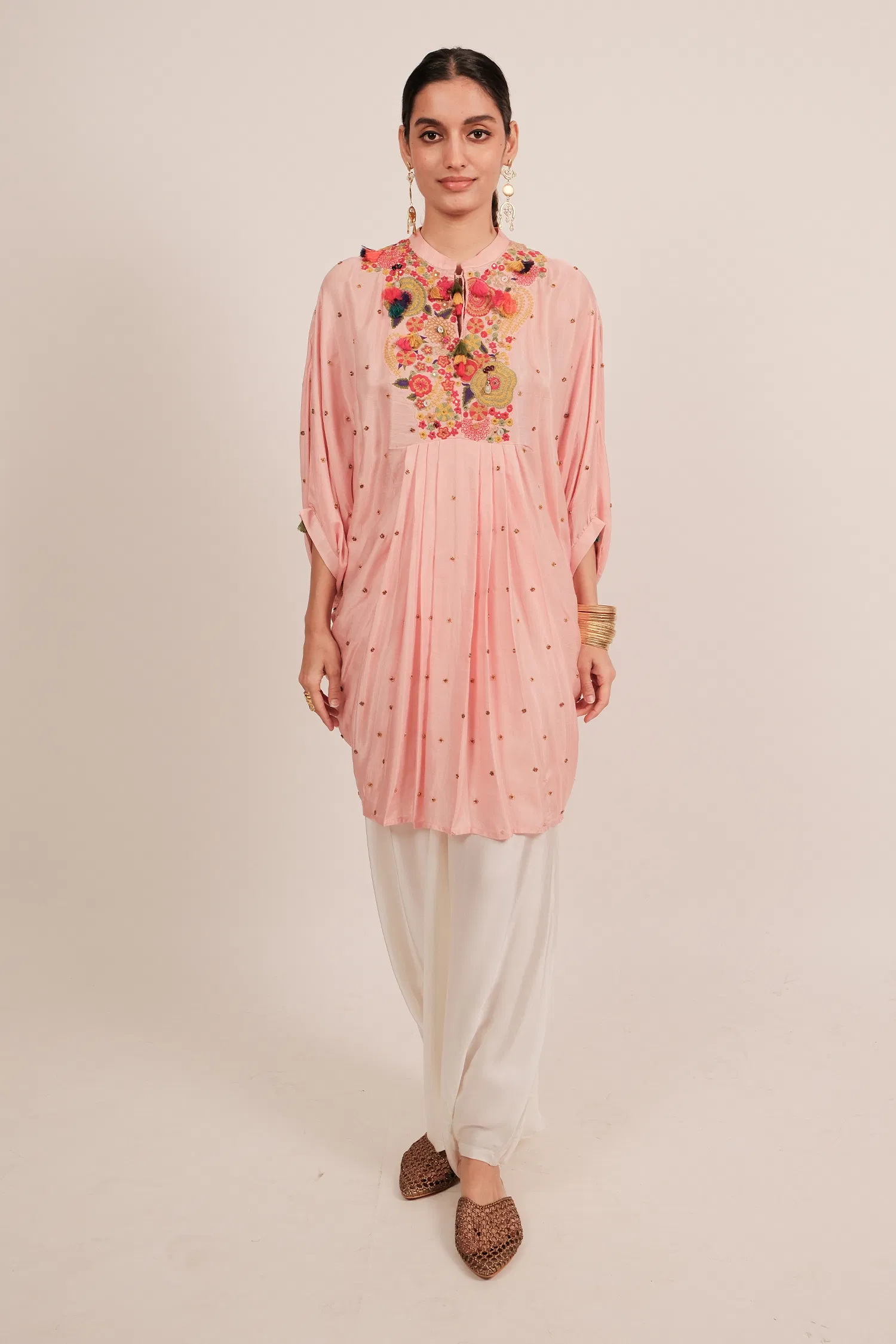 Light Pink Silk Intricate Thread Embroidery Kaftan Style Top - Image 3
