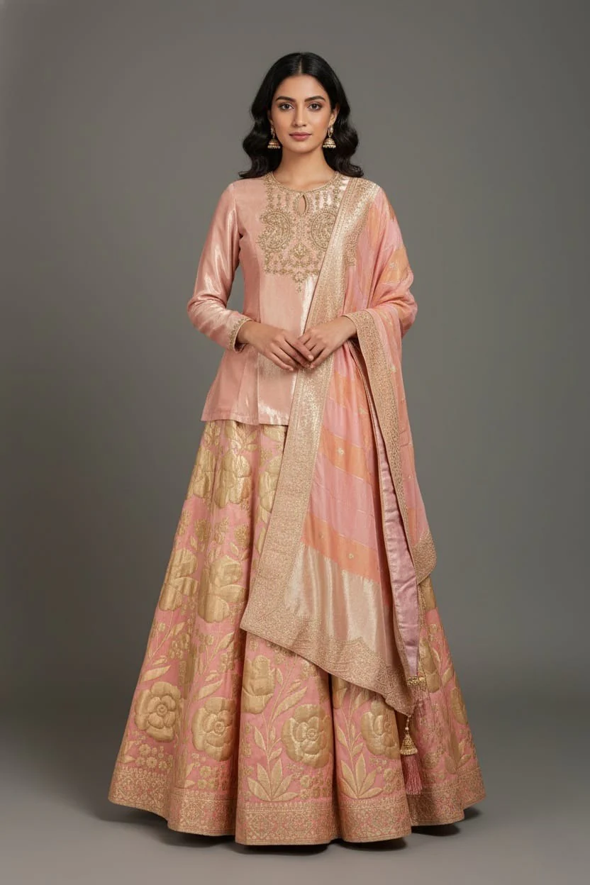 Light Pink Tissue Zardosi Worked Lehenga with Long Top
