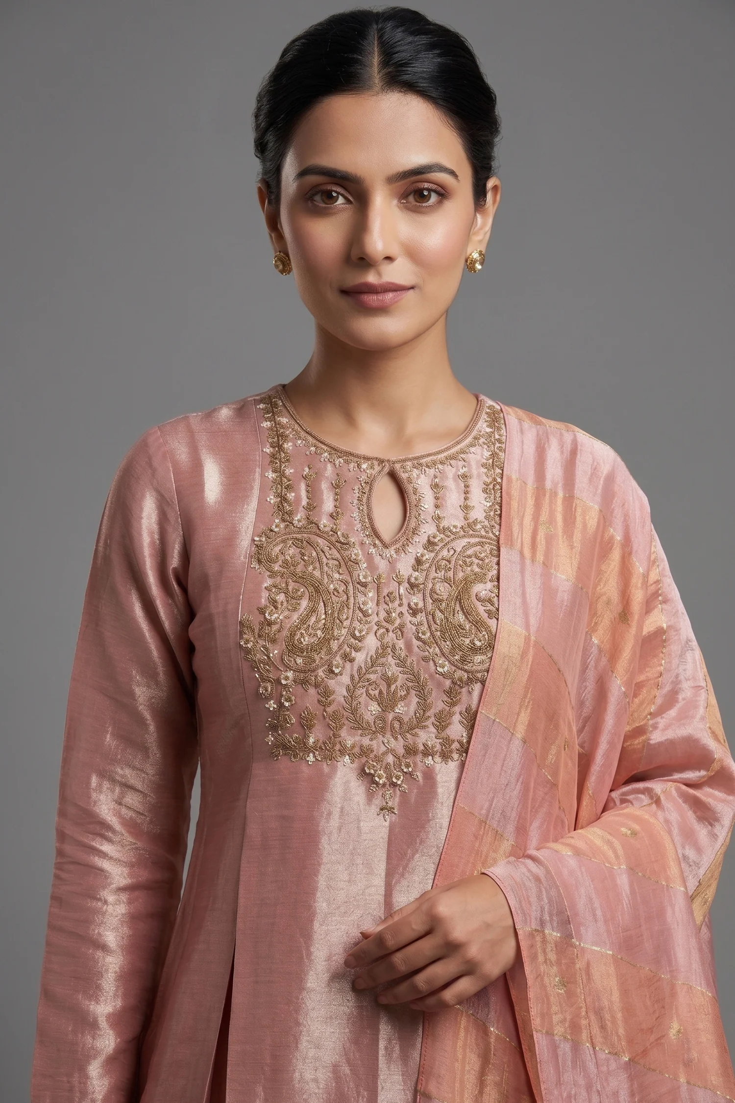 Light Pink Tissue Zardosi Worked Lehenga with Long Top - Image 2