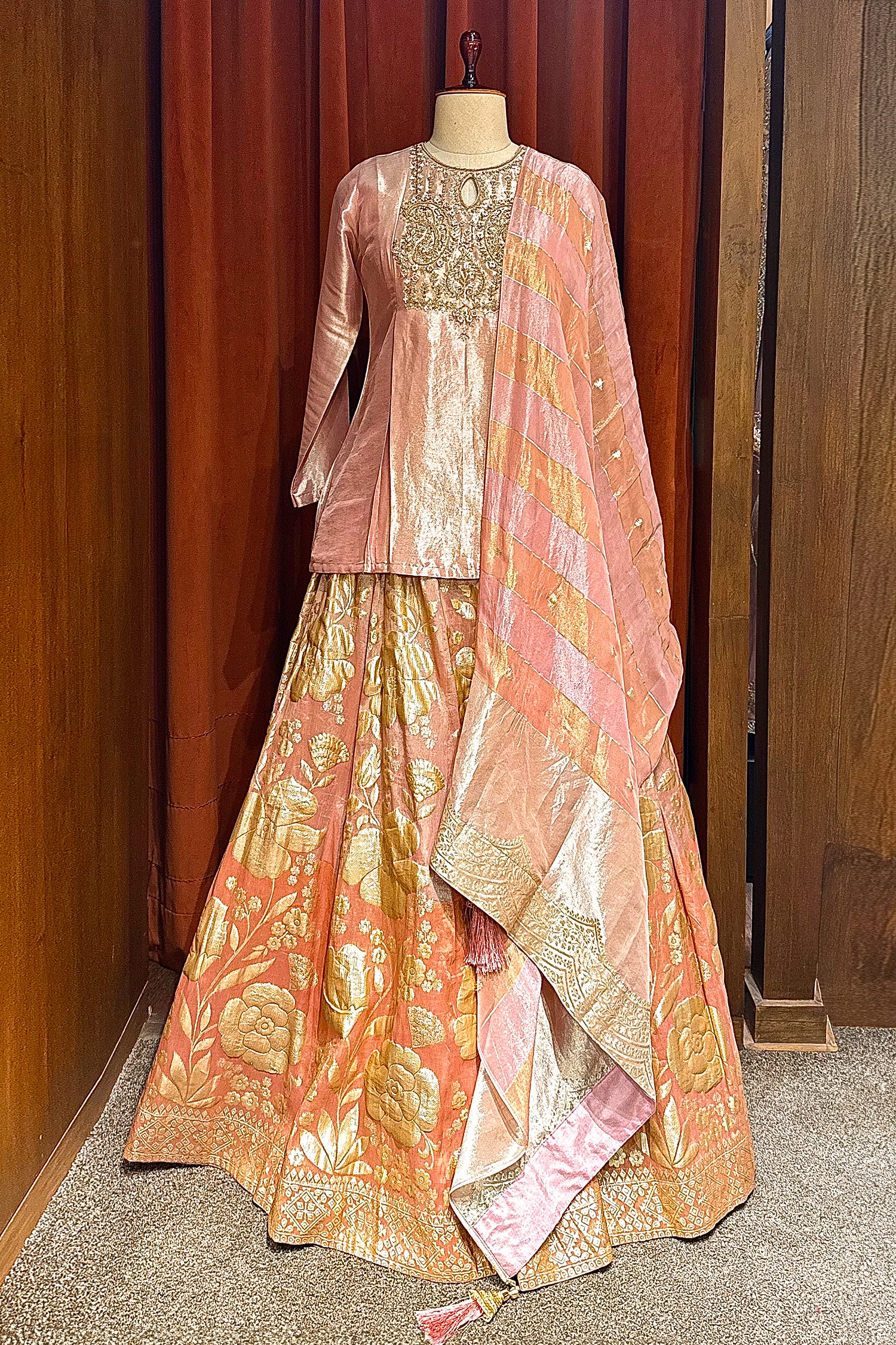 Light Pink Tissue Zardosi Worked Lehenga with Long Top - Image 3