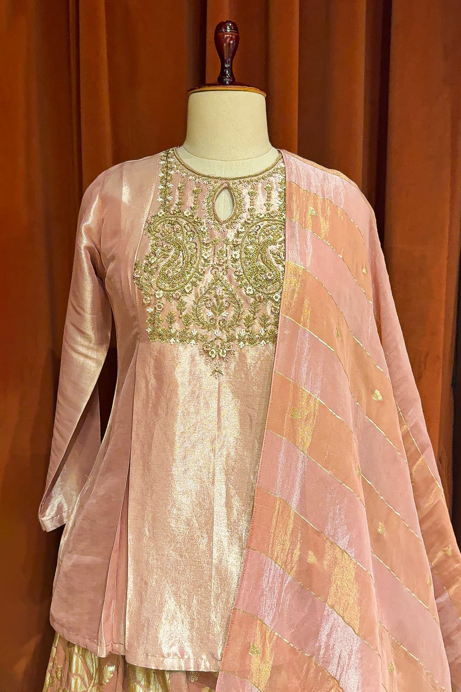 Light Pink Tissue Zardosi Worked Lehenga with Long Top - Image 4