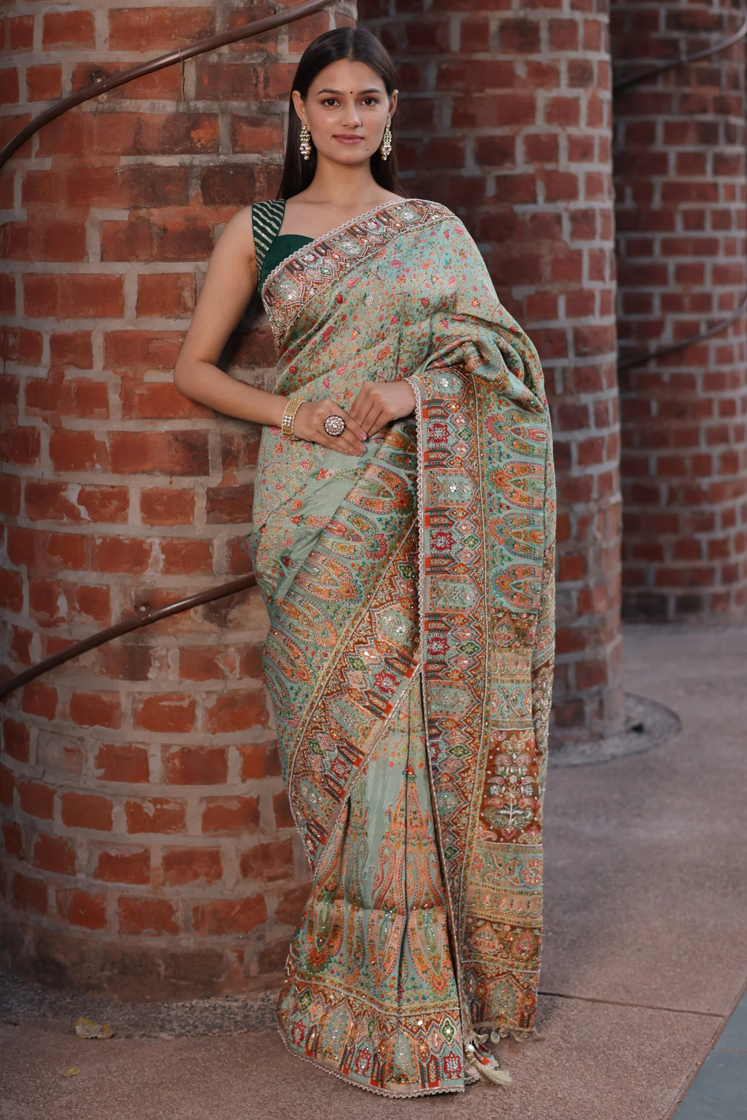 Light Pista Green Modal Silk Pashmina Saree with Mirror and Bead Work - Image 3