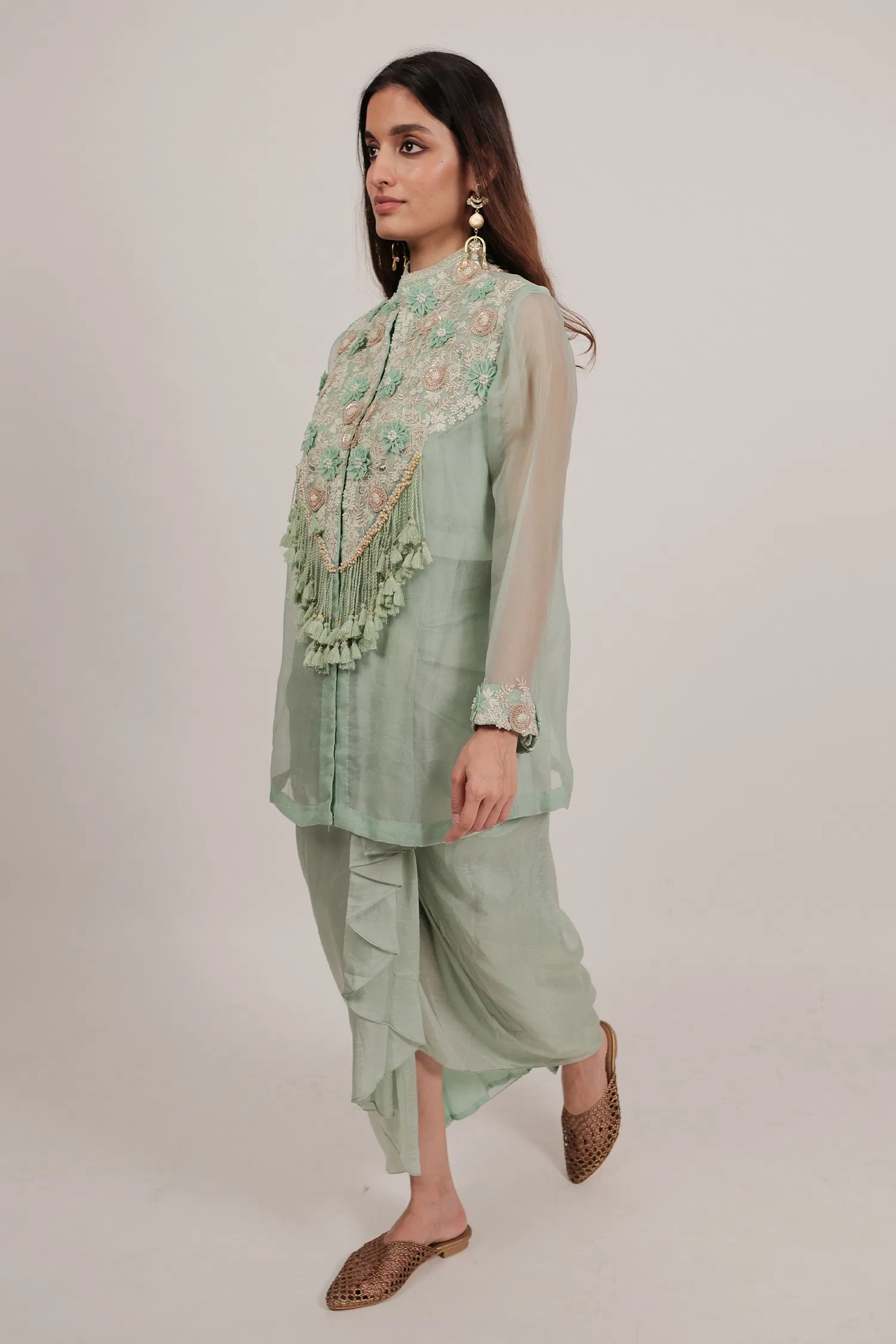 Light Pista Green Organza Thread Embroidery Beaded and Dangling Fringe Tassle Top with Pleated Skirt - Image 3