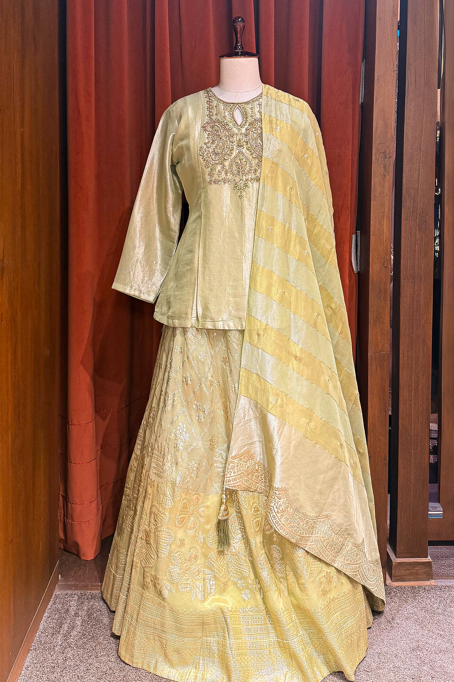 Light Pista Green Tissue Lehenga with Zardosi Worked Long Top - Image 3