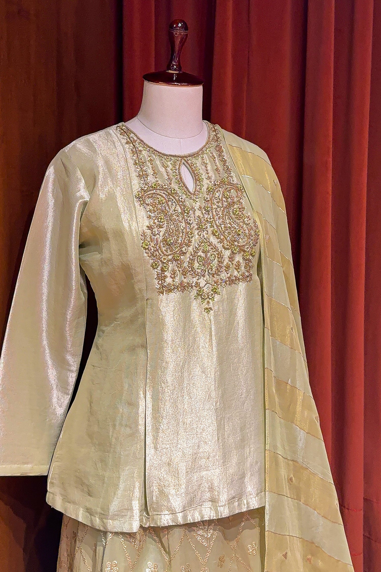 Light Pista Green Tissue Lehenga with Zardosi Worked Long Top - Image 4
