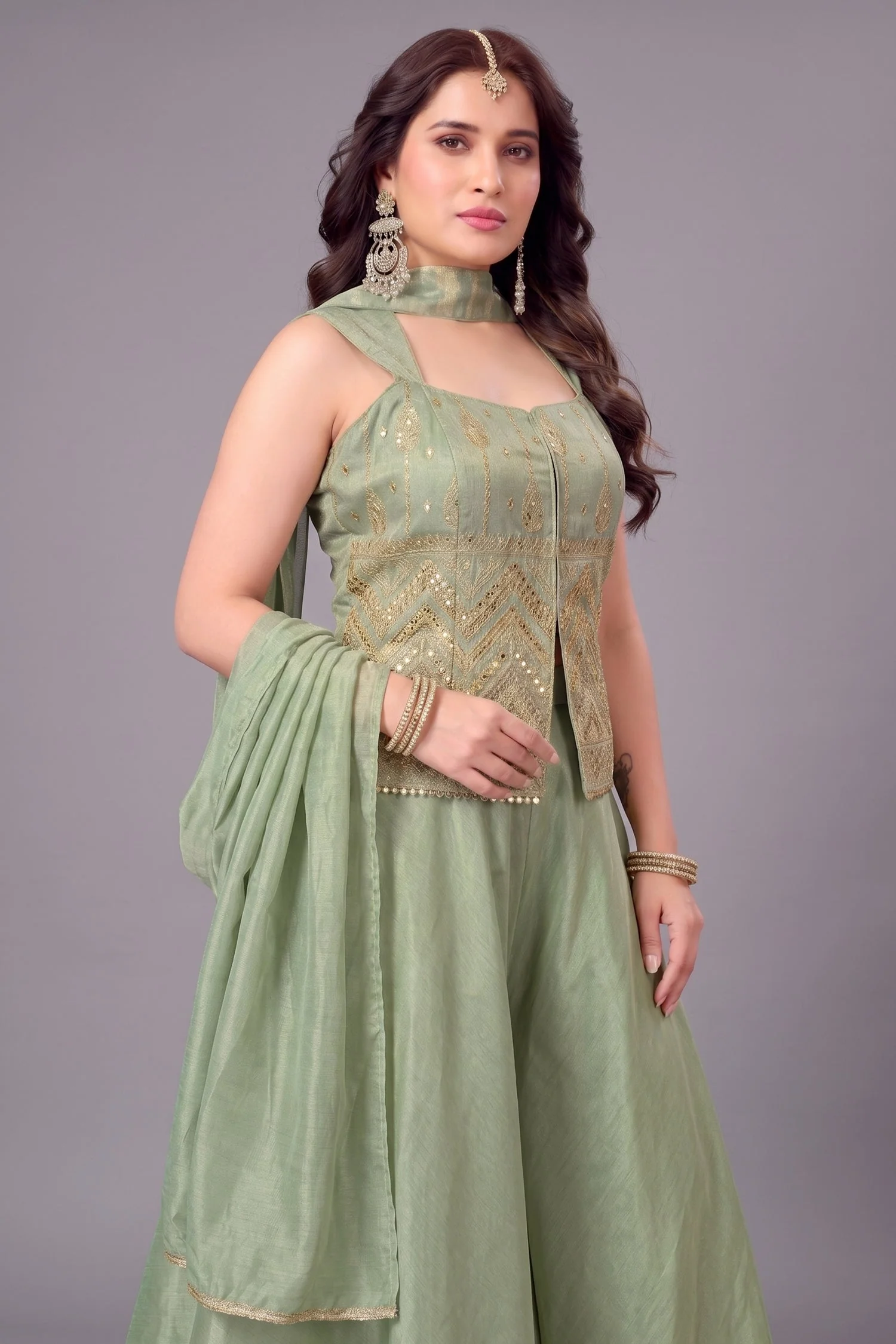 Light Pista Green Tissue Woven Palazzo Suit with Woven Applique Work - Image 2