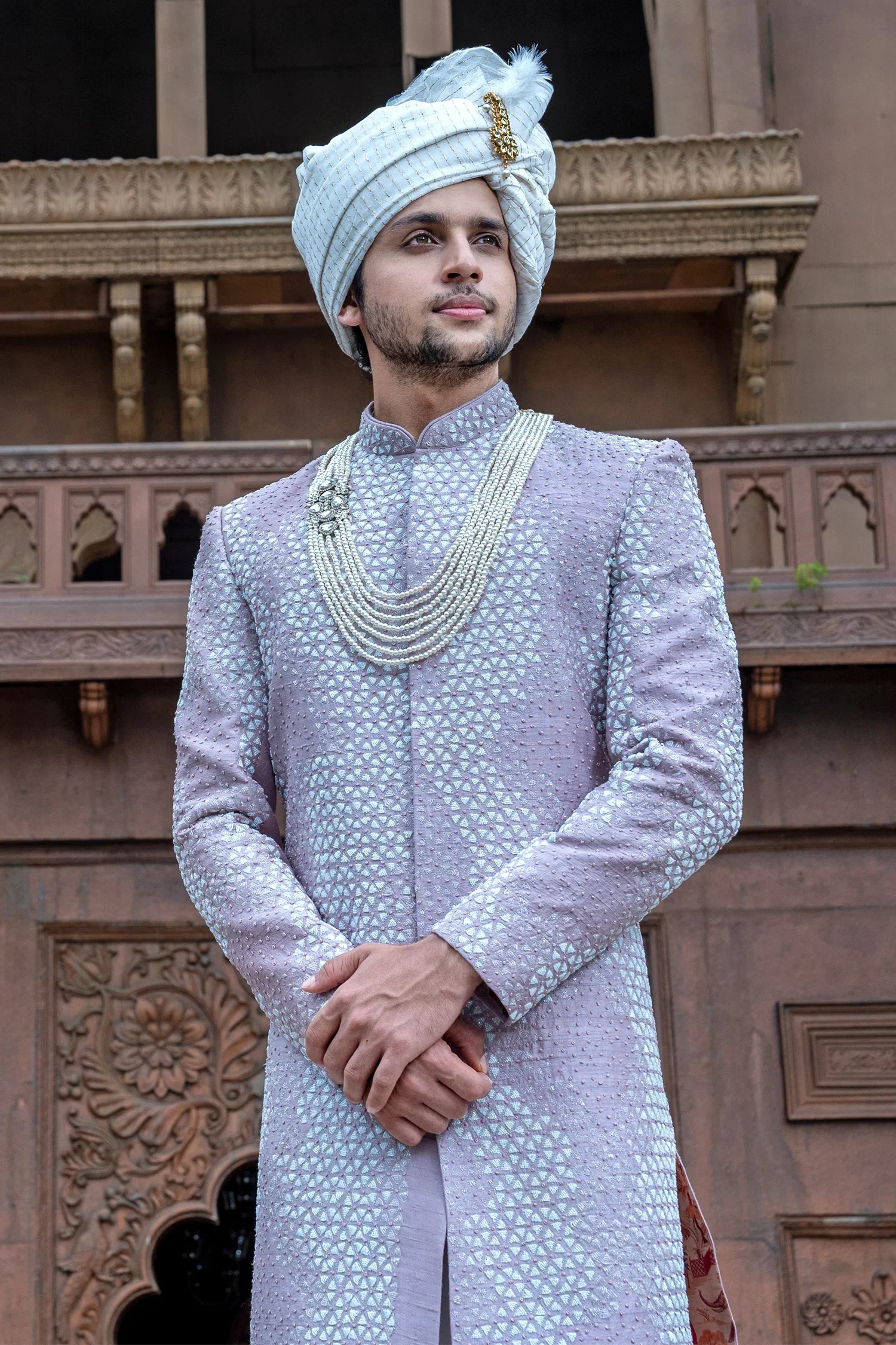 Light Purple Cutdana and French Knot Work Sherwani Set in Raw Silk - Image 2