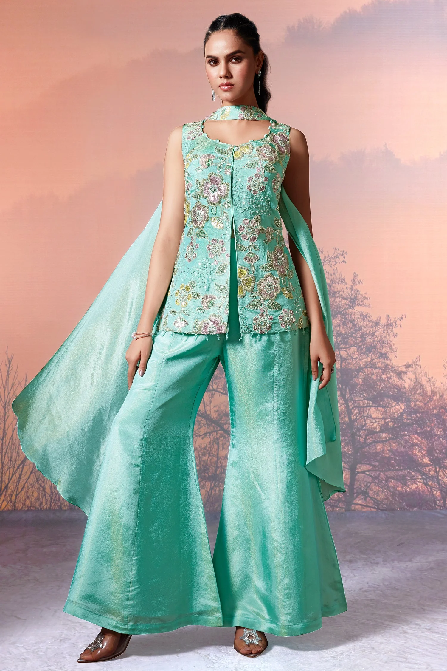 Light Sea Green Tissue Silk Sequins Cutdana Work Floral Motif Palazzo Suit - Image 2