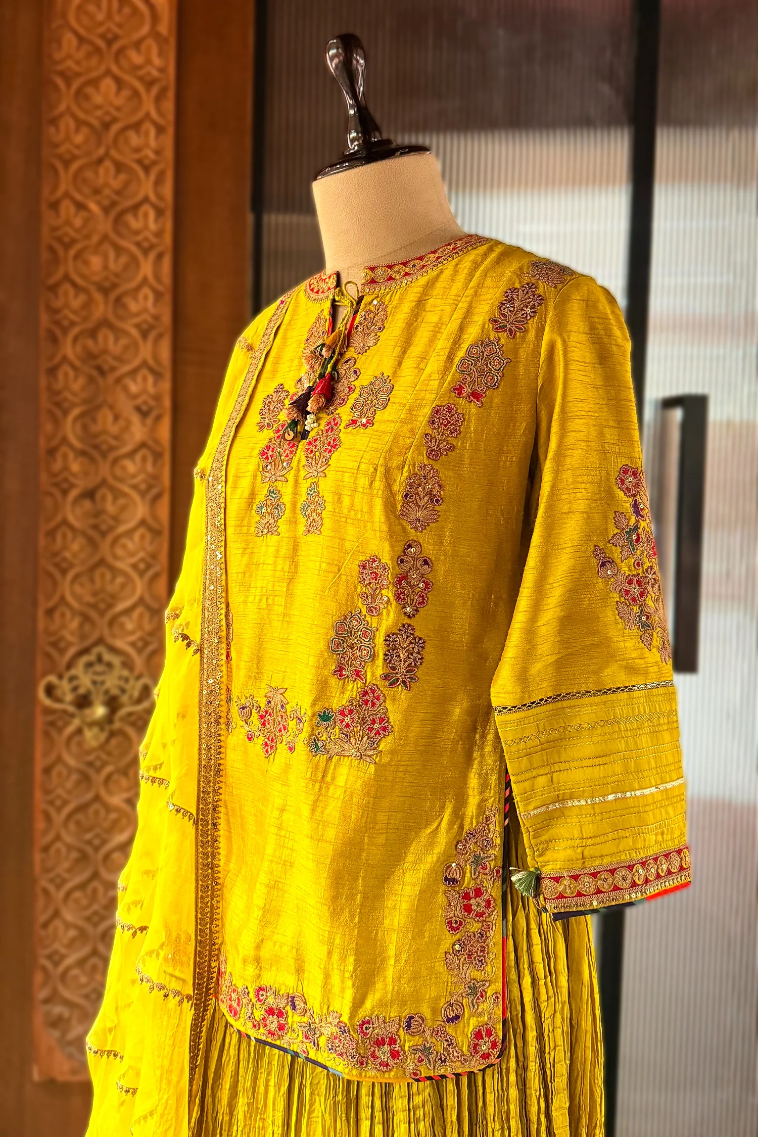 Light Yellow Chanderi Silk Sequin Embroidered Lehenga Set - Image 4