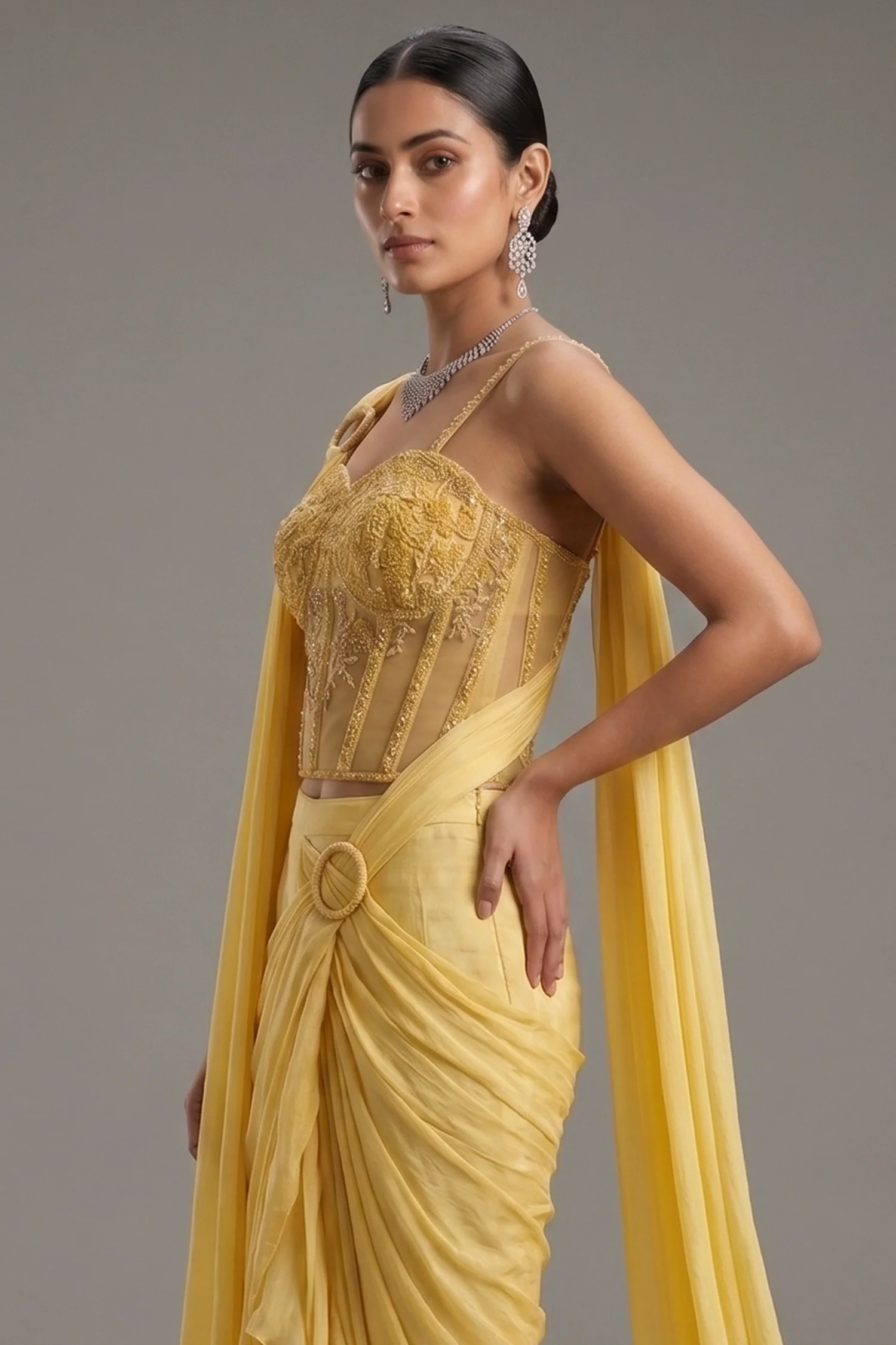 Light Yellow Crepe Satin Silk Readymade Saree with Cutdana Bead Work Corset - Image 2