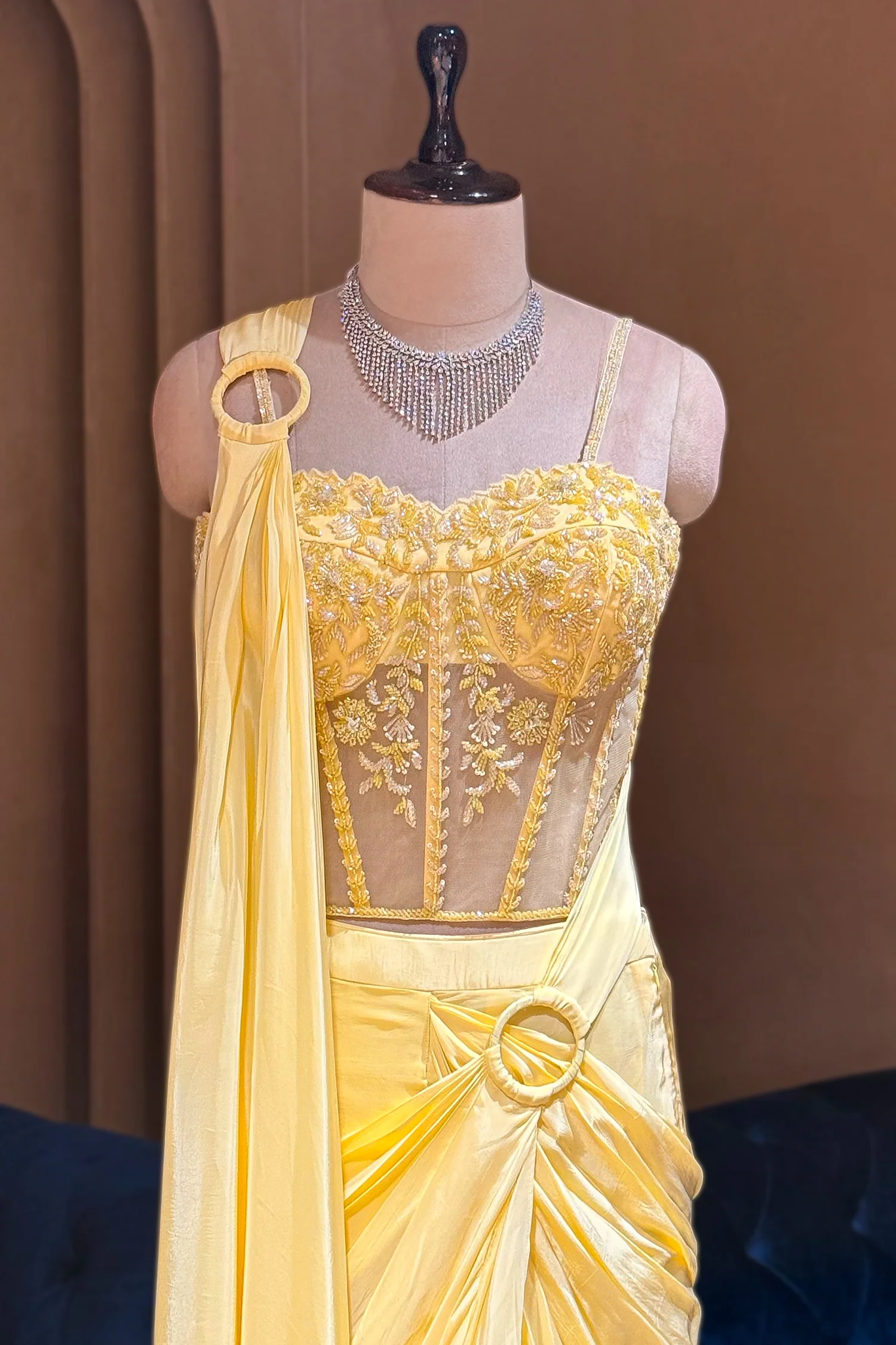 Light Yellow Crepe Satin Silk Readymade Saree with Cutdana Bead Work Corset - Image 4