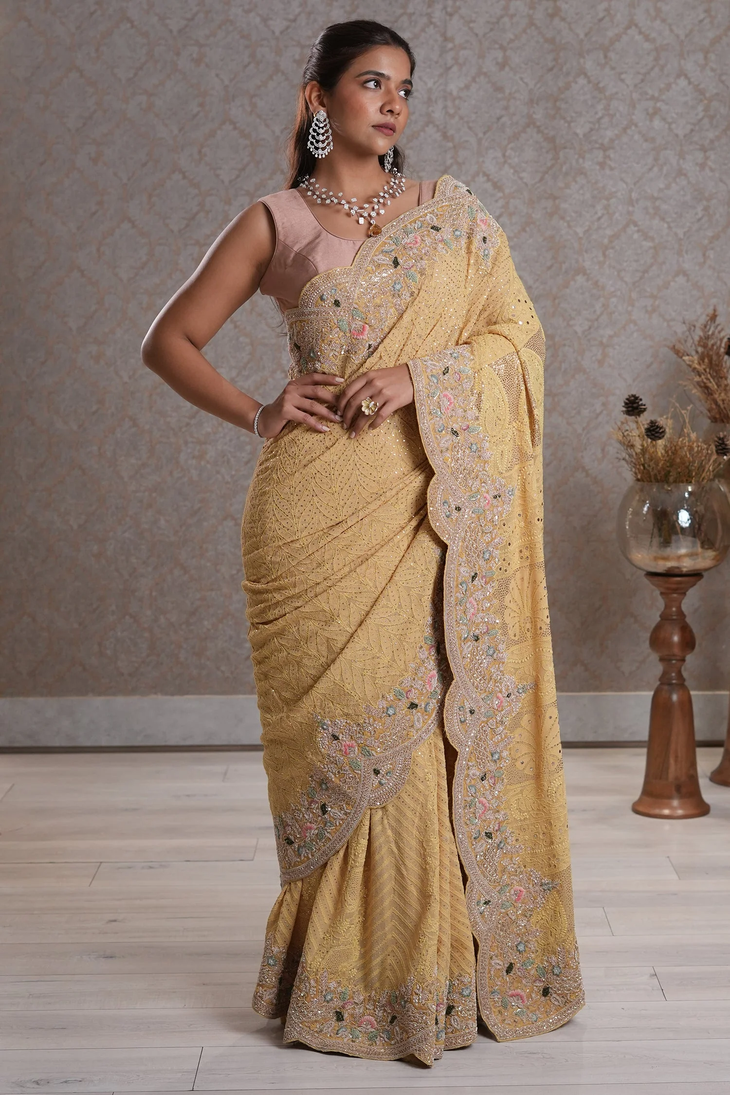 Light Yellow Designer Lucknowi Chikankari and Zardosi Worked Saree with Mukaish Work - Image 2