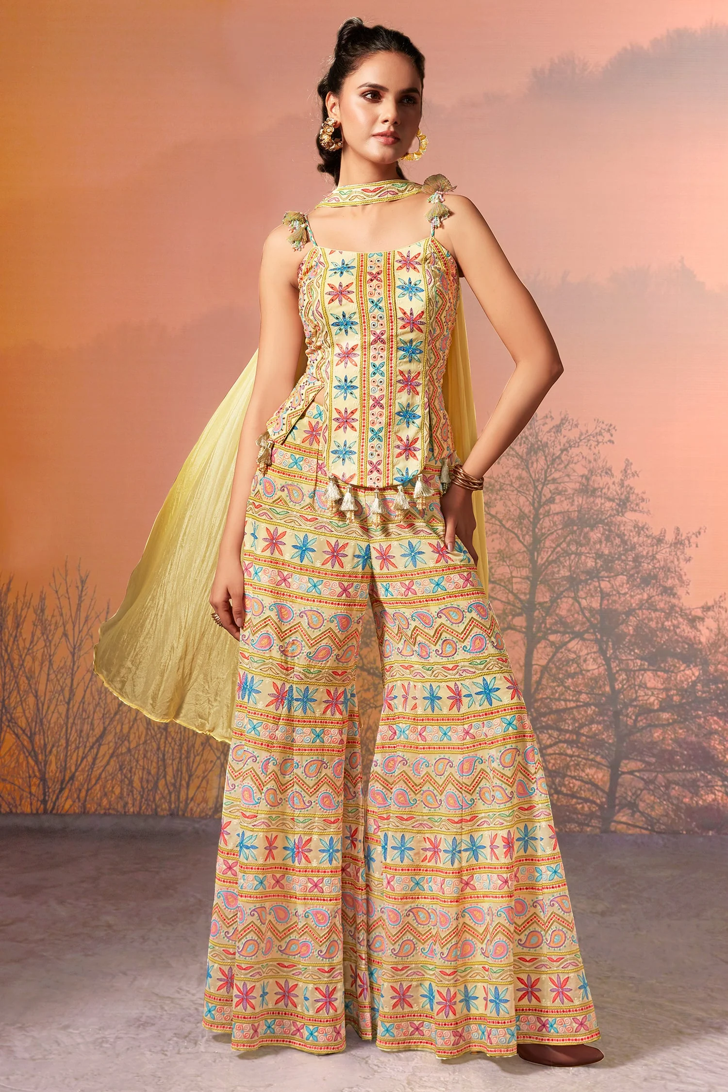 Light Yellow Georgette Embroidered Palazzo Suit - Image 2