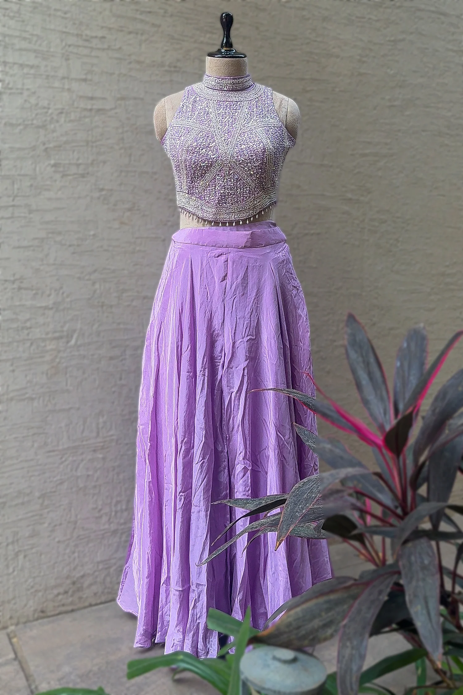 Lilac Crepe Silk Beaded and Sequin Worked Crop Top Palazzo Set - Image 3